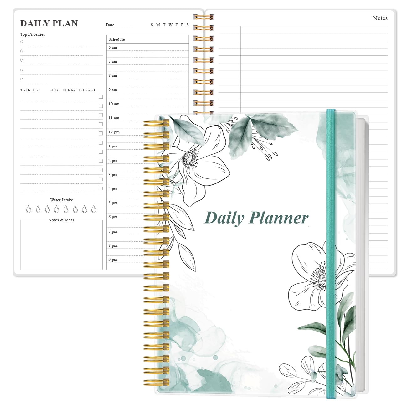 Daily Planner Undated - B5 To Do List Notebook Hourly Schedules, Spiral Appointment Planner for Women and Men, PVC Hardcover, Inner Pocket, Elastic Closure, 7" x 10", Teal Flowers