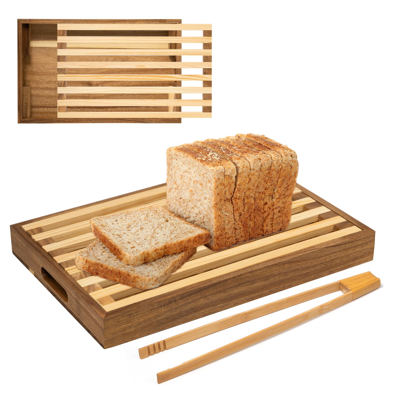 Planche à Pain avec Ramasse Miettes Planche à Pain Bois Planche à Pains avec Compartiment Ramasse Miette Planche à Découper Pain avec Pinces à Griller pour Pain, Baguettes, Petits Pains