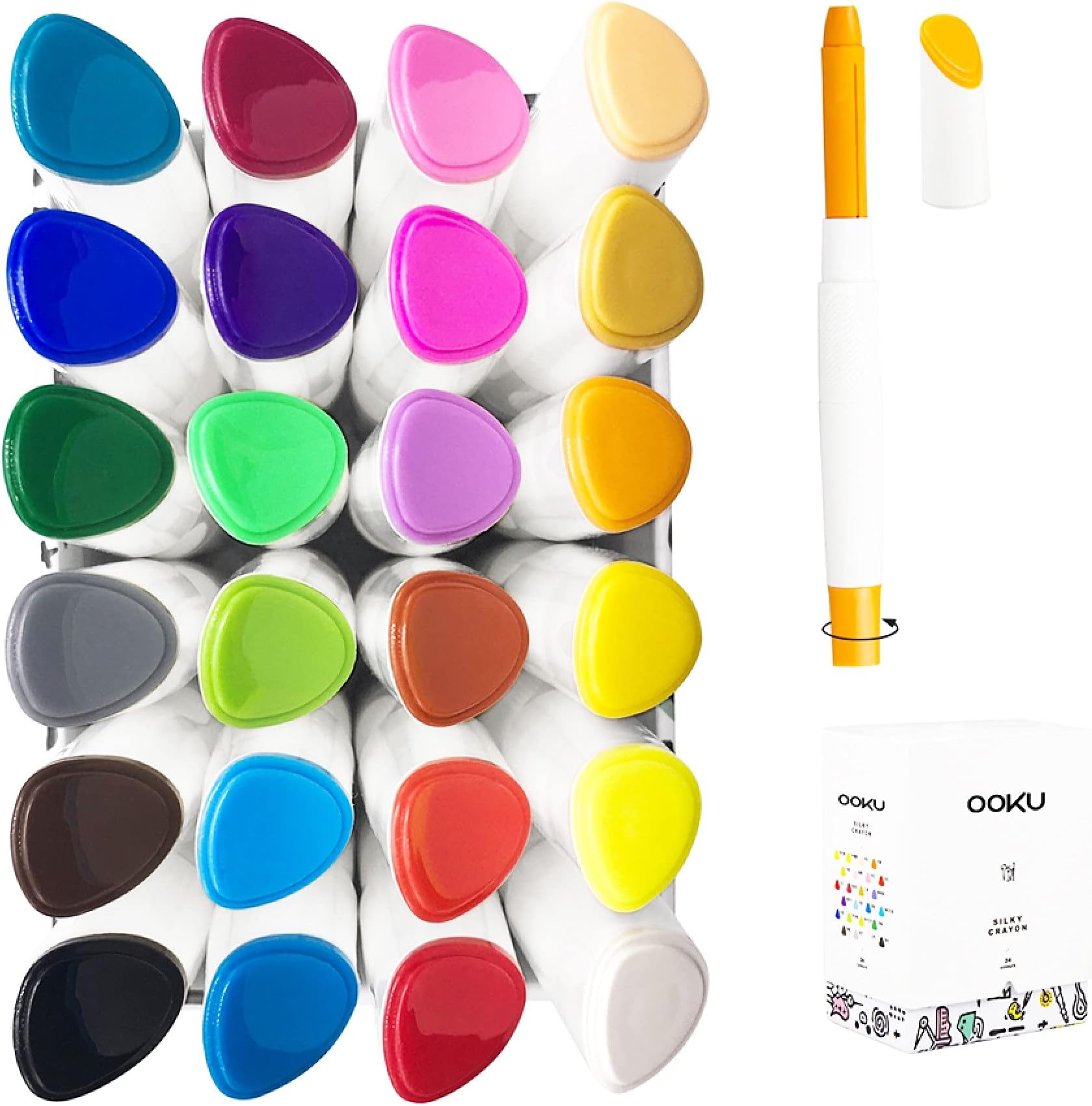 OOKU Washable & Twistable & Watercolor Crayons - 24 Count Bath Crayons for Kids Ages 4-8 - Non-Toxic & Mess Free Gel Crayons | Oil Pastels Crayon Makers School Supplies