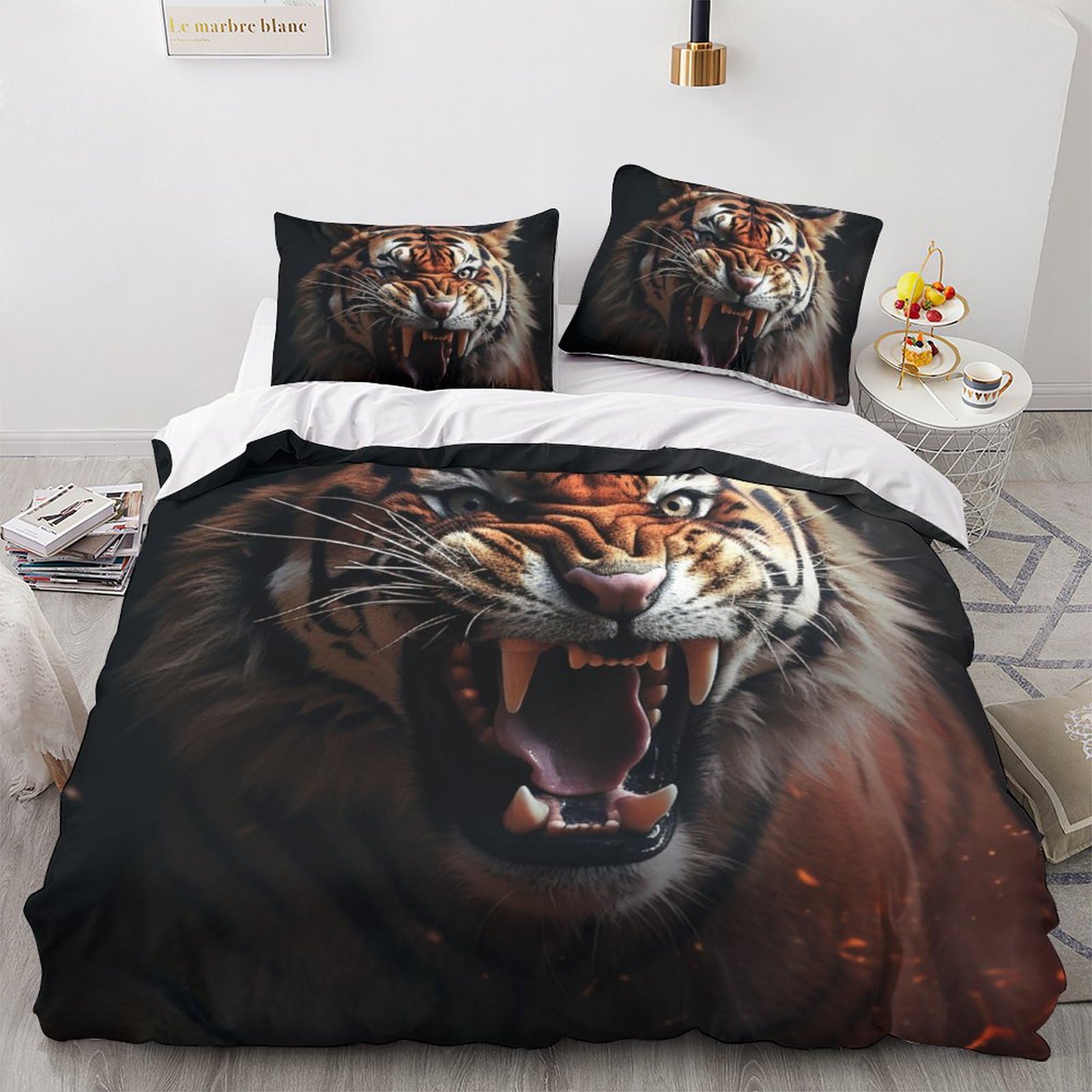 Housses de couette hypoallergénique parure de lit tigre 3D anti-acariens microfibre King 220x240