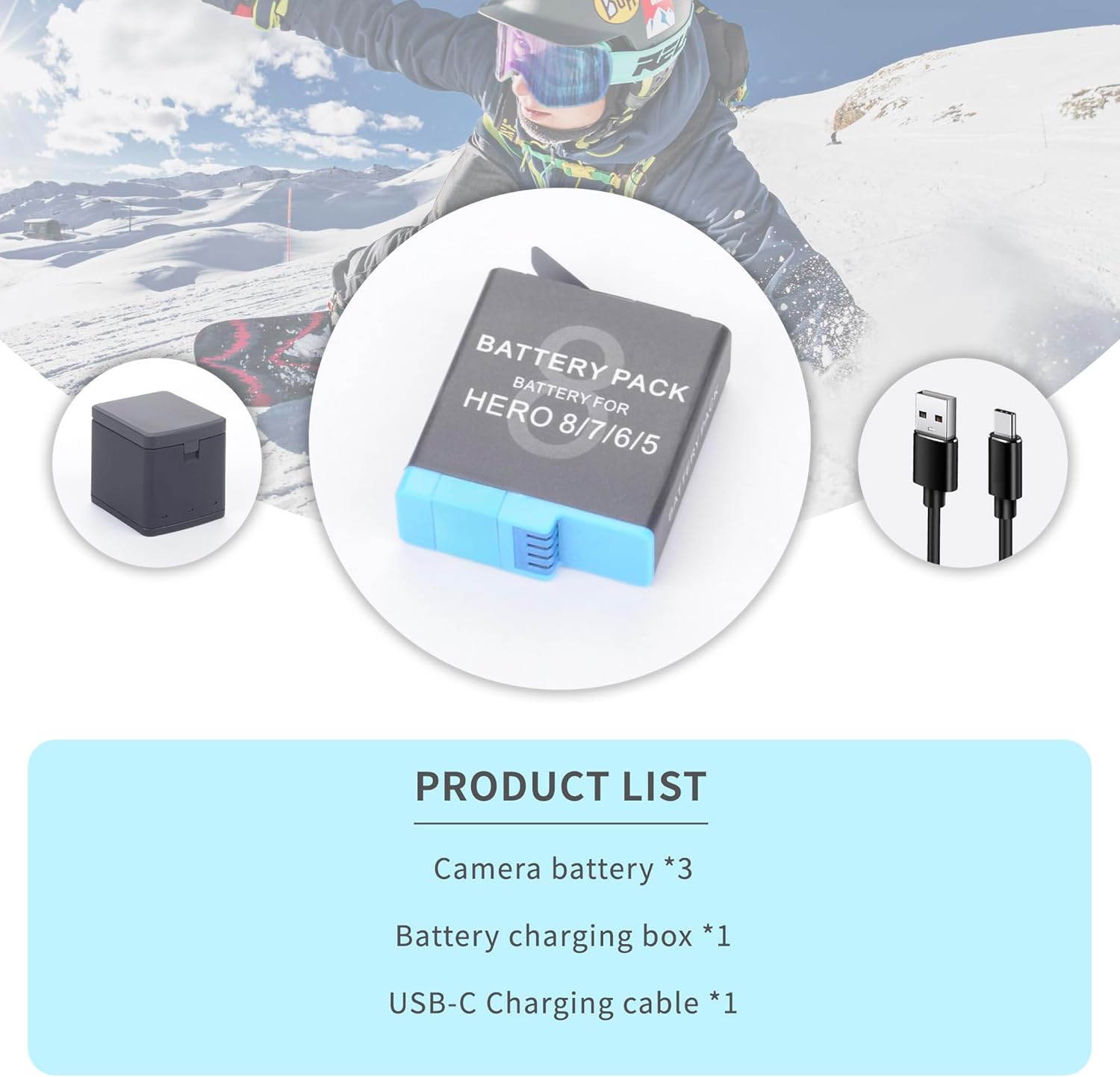 Hero 8/7/6/5 3 Packs Battery for Hero 2018, Hero 8, Hero 7, Hero 6, Hero 5 Black with USB and Type-C Charging Port Battery and 3-Channel Charger Bundle LED Light 3.85V 1500mah