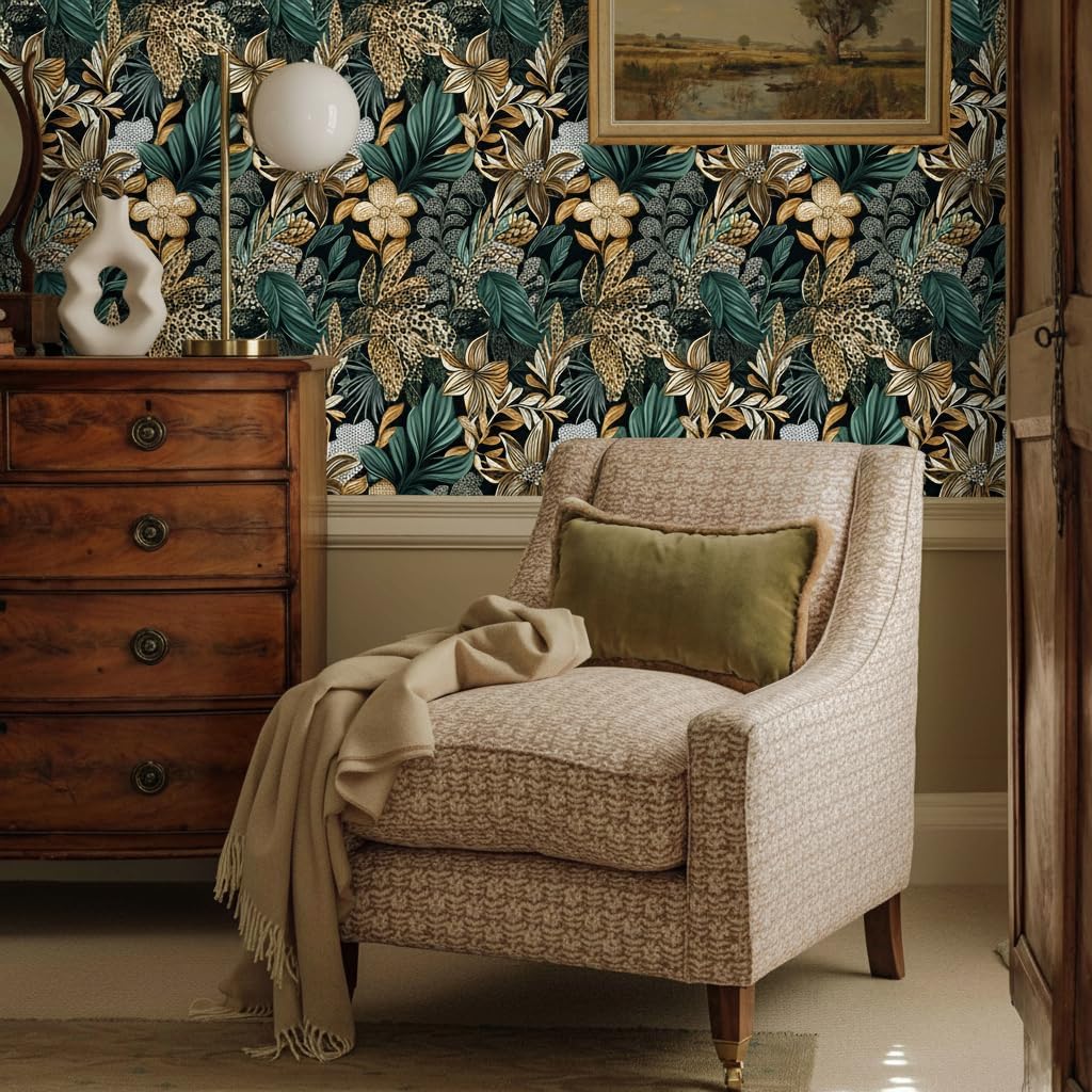 Vintage Green Floral Wallpaper Peel and Stick Boho Forest Wallpaper for Bedroom Walls 17.3"x78.7" Removable Renter Friendly Wall Paper,Self Adhesive Botanical Contact Paper for Cabinet B3-2