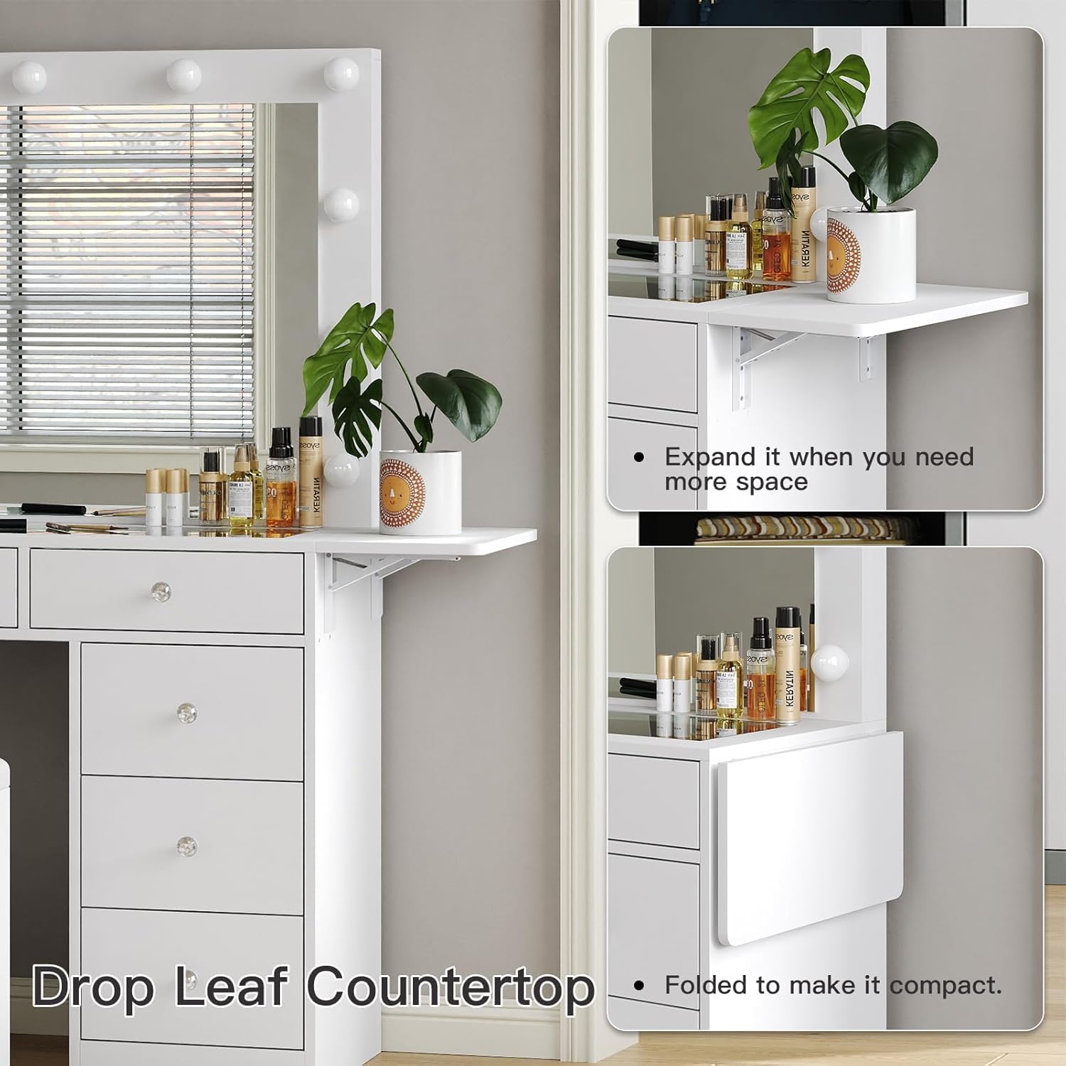 Vanity desk showing the side panel in both expanded and folded positions.