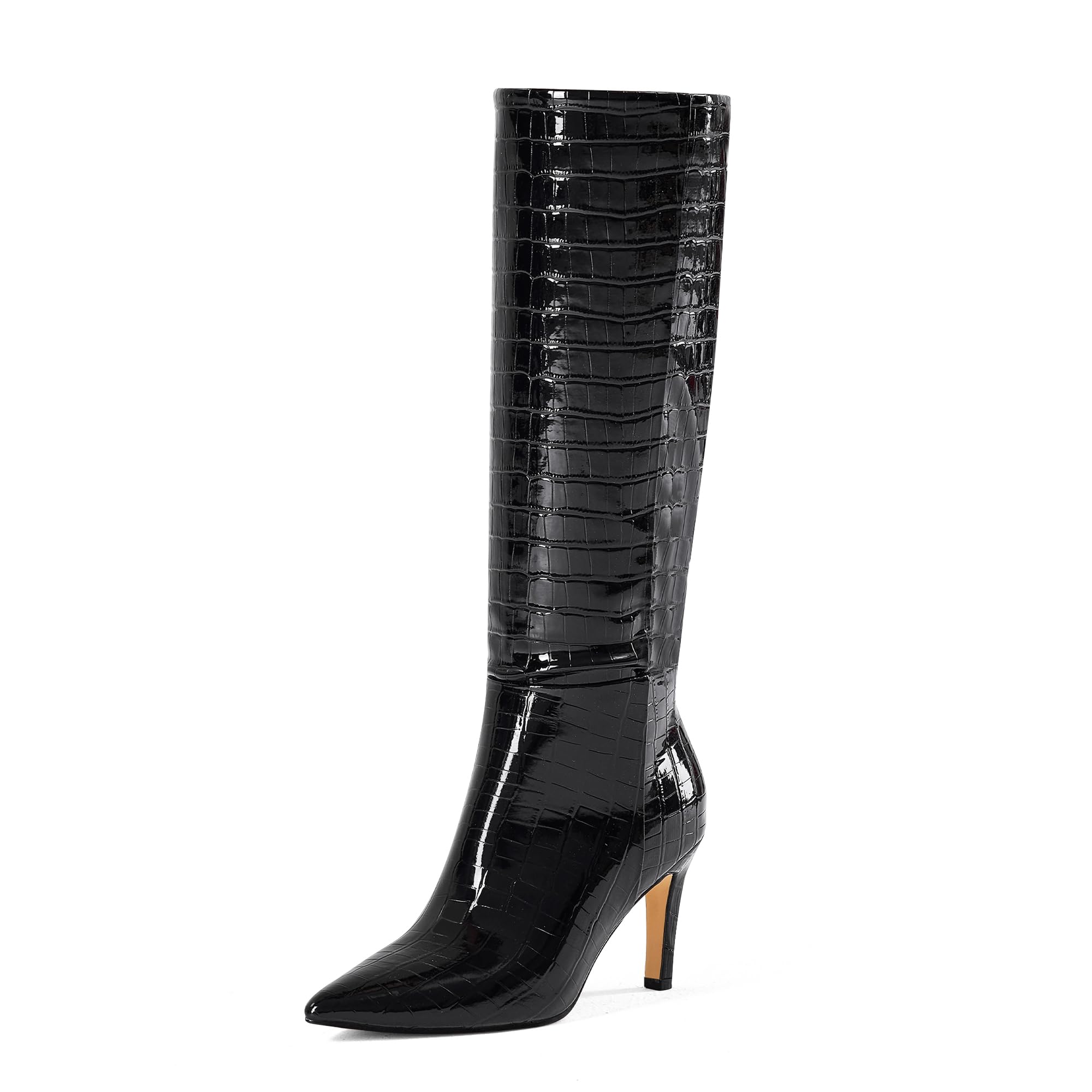GENSHUO Women Wide Calf Knee High Boots 3 Inch High Heel Pointed Toe Long Boots Fashion Trendy Winter