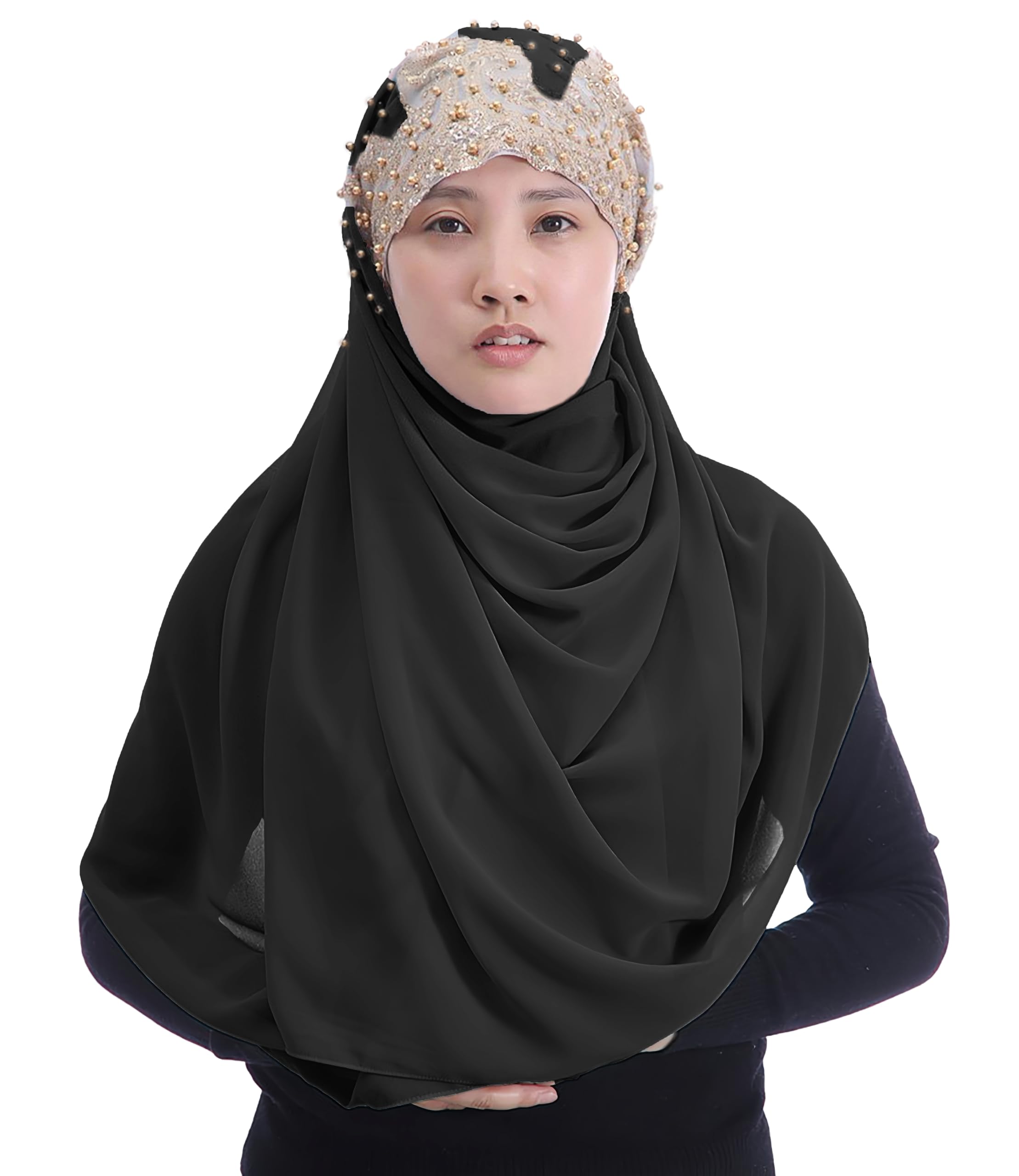 Lina & Lily Chiffon Muslim Hijab Shawl Gold Glitters Beads, 180cm x 75cm, Black