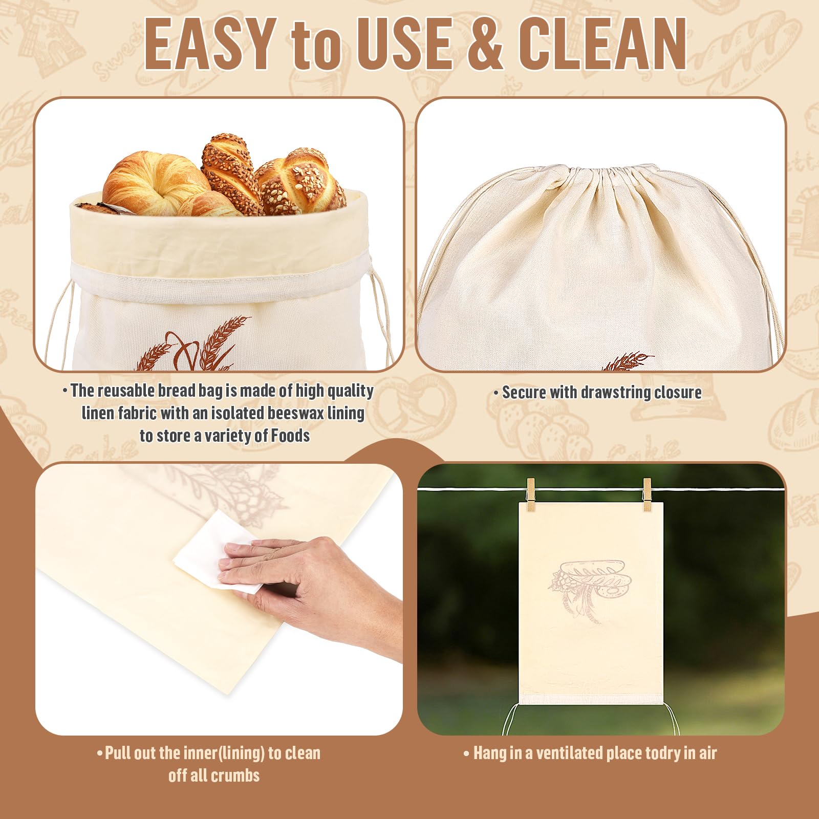 2 Pièces Sacs à Pain en Lin avec Doublure en Tissu en Cire d'abeille Sac a Pain Réutilisables pour Conservation Fraîcheur Alimentaire Rangement pour Pain Baguette Fruits Légumes-43 * 32,5cm(Cordon)