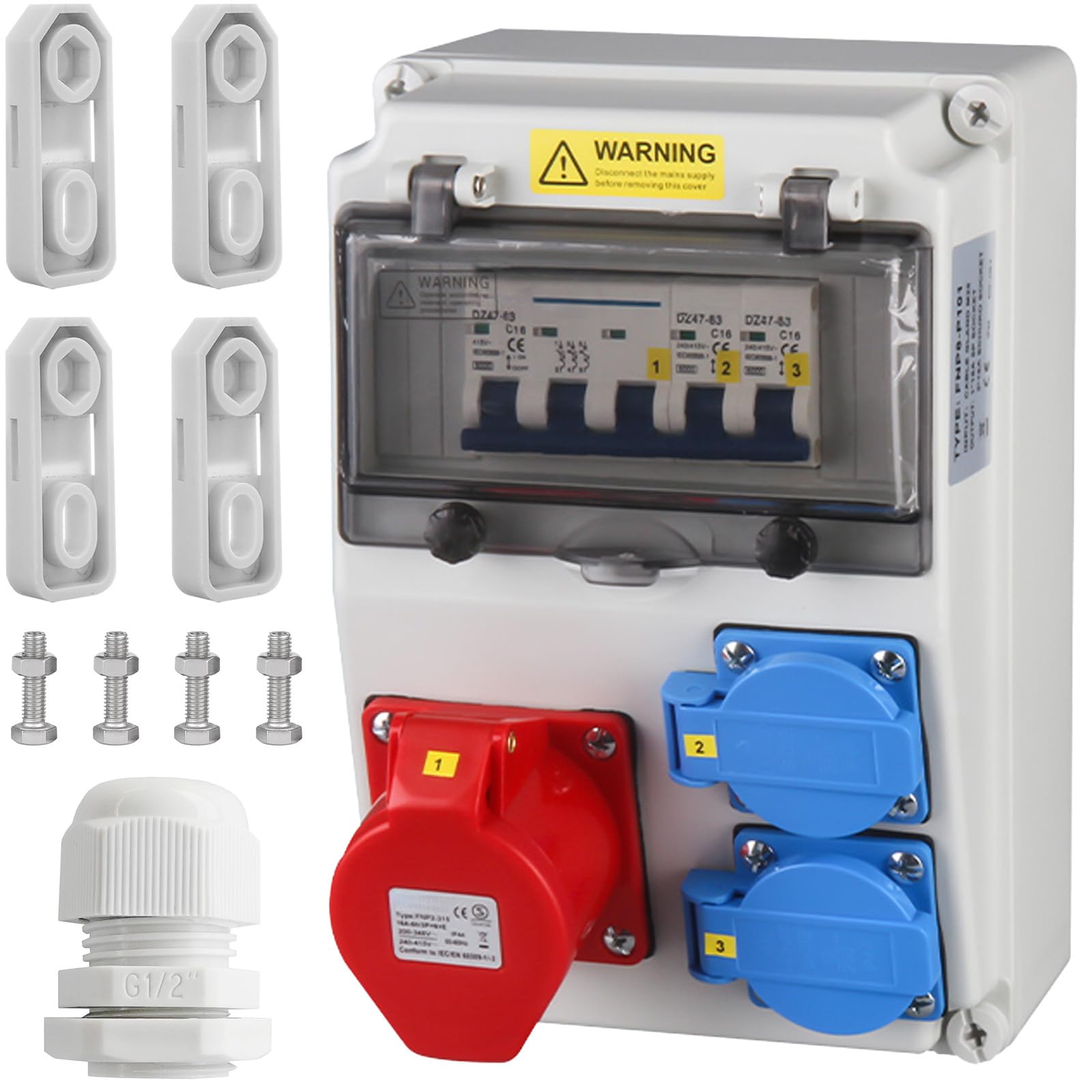 Baustromverteiler16A Wall Distributor with Circuit Breaker IP67 Waterproof Power Distributor with 2 x Schuko Sockets and 1 x CEE Socket, 16A Power Distributor for Indoor and Outdoor Use