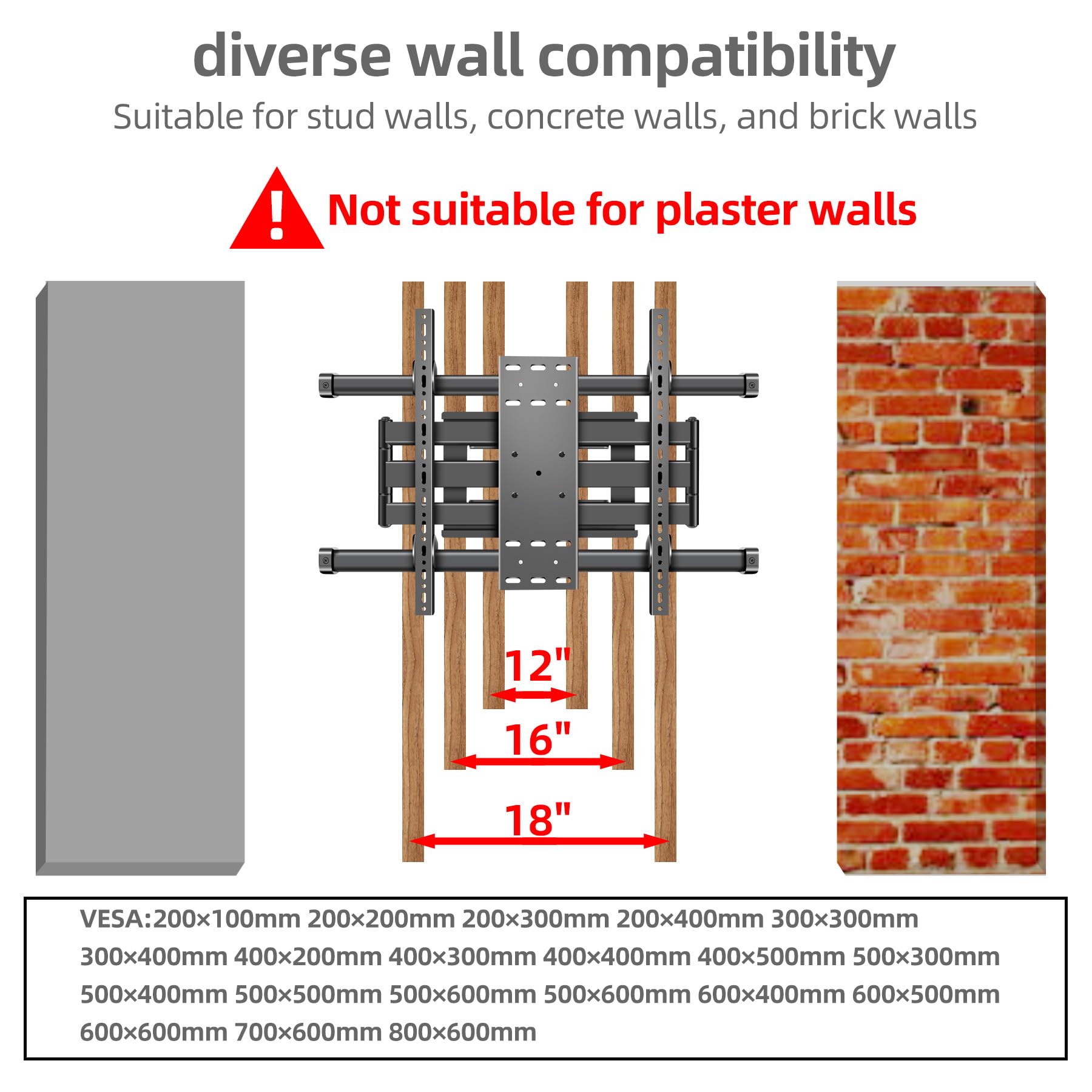 Supporto da Parete per TV al Plasma LED LCD Piatti e Curvi 55-100 inch, Inclinazione Girevole Staffa con Doppio Braccio Peso fino a 75kg, Max VESA 800x600mm DY995