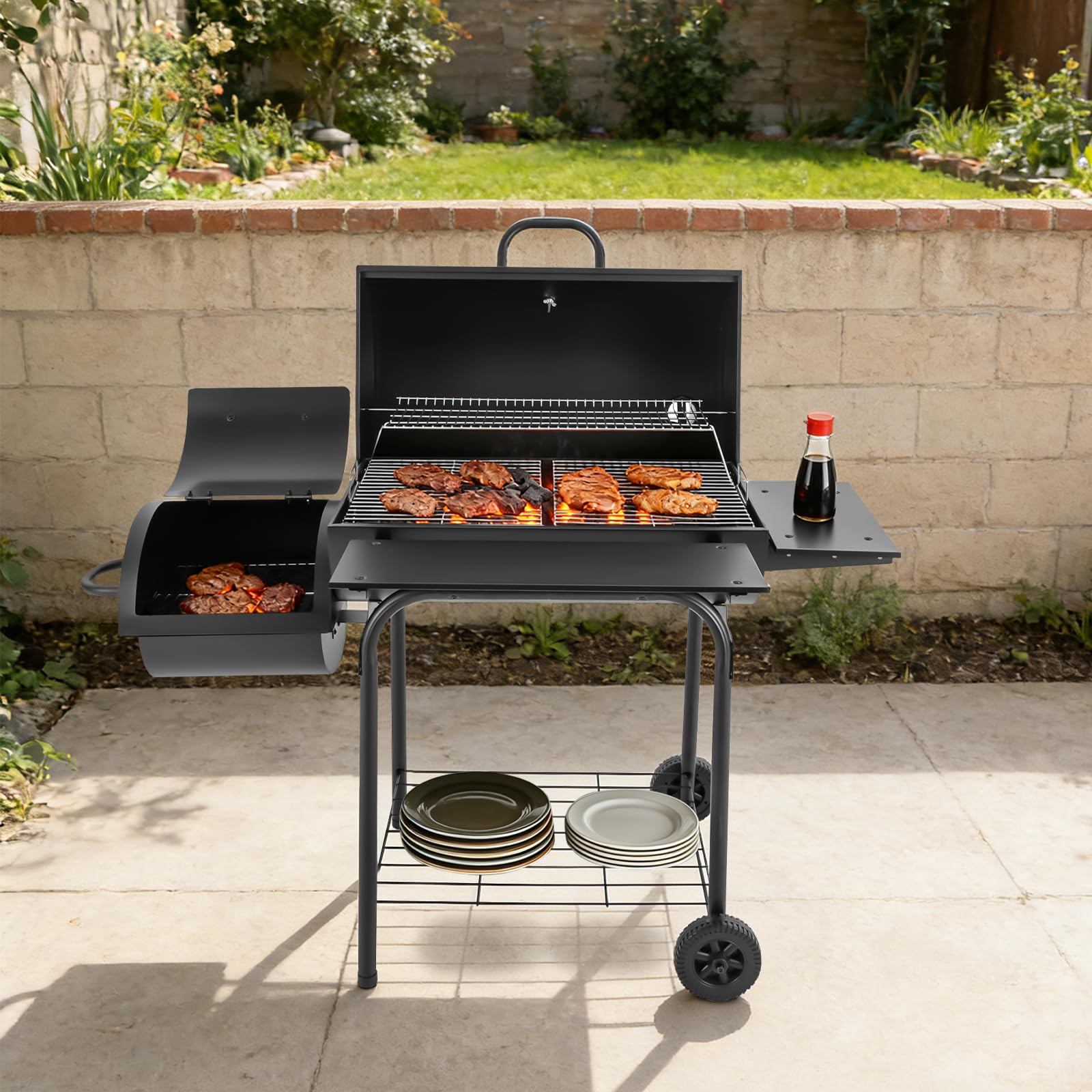 Barbecue a carbonella autoportante, 147 x 70 x 126 cm, barbecue con coperchio e ruote, barbecue affumicatore in acciaio con termometro e ripiani laterali, nero, per giardino, terrazza, campeggio