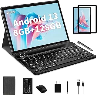 2023 Newest 2 in 1 Tablet,10 inch Android 13 Tablet with Keyboard, Tablet with Case Mouse Stylus,8GB+128GB,2.0GHz Quad Core,1280*800 HD Screen, Dual Camera, Games,2.4G/5G Wi-Fi,BT Tableta PC (Black)