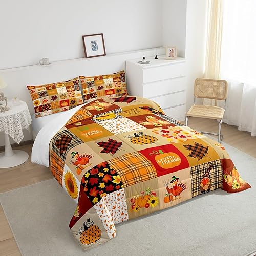 Miniatura 4 de Juego de edredón de cuadrícula de calabaza otoñal, rústico, de granja, hoja de arce, girasol, juego de edredón de Acción de Gracias, Turquía, para