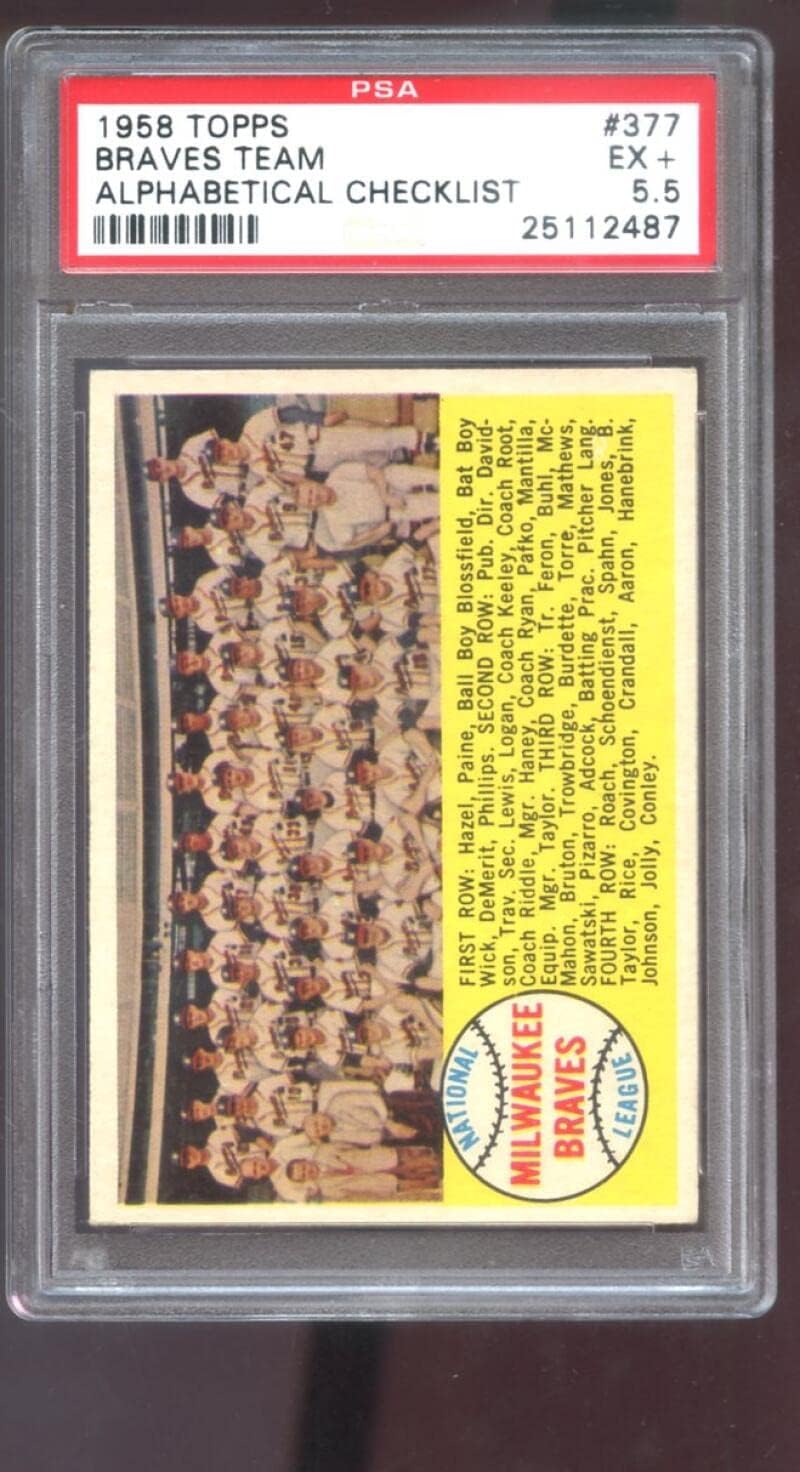 1958 Topps #377 Milwaukee Braves Team Photo Alphabetical Checklist PSA 5.5 Graded Baseball Card MLB