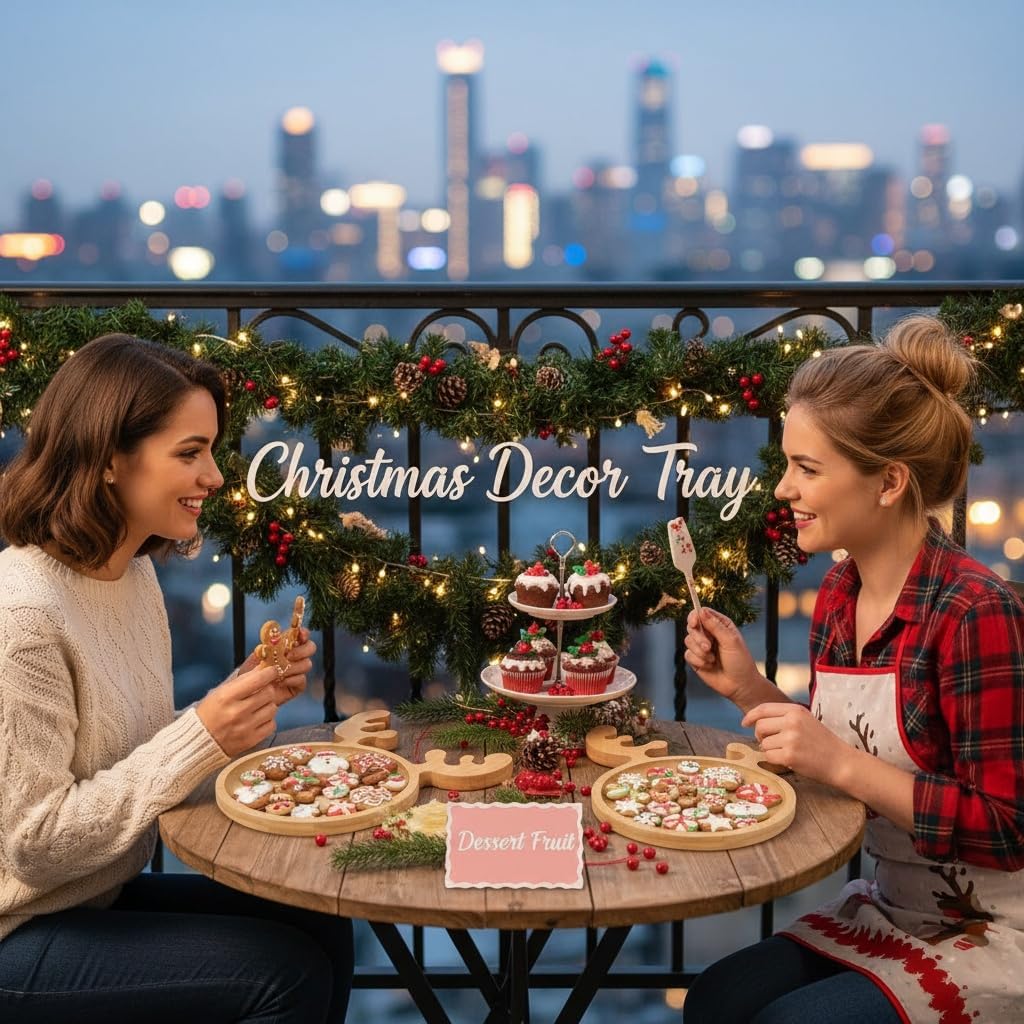 2Pcs Christmas Wood Serving Tray: 10.2x8.6Inch Round Food Dish Platter with Antler, Reindeer Christmas Decor Tray for Xmas Snack Dessert Fruit