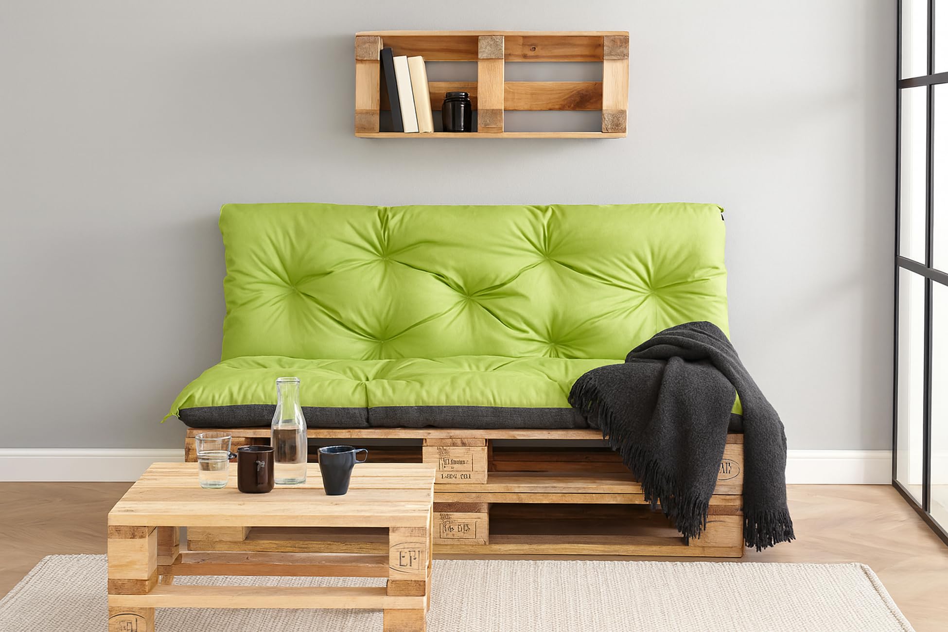 Cuscini Per Pallet Da Esterno, Set Da Giardino 120x80+120x40 Cm, Colore Limone, Lavabili In Lavatrice, Con Corde Per Fissaggio - 3