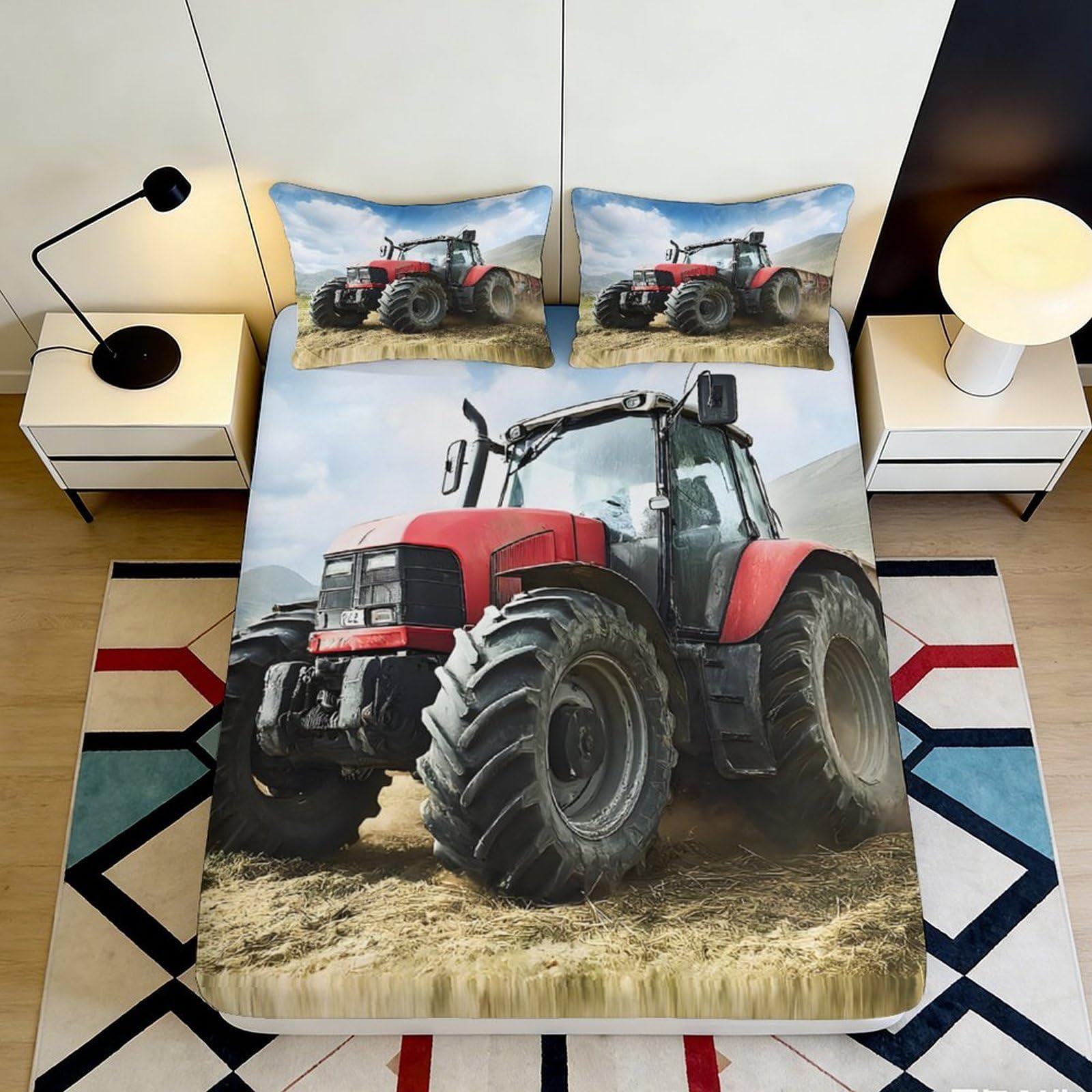 3D Printed Red Tractor Fitted Sheet Microfiber Non-Slip Bed Cover for Bedroom Dorm Mattress Protection Decor 118 Char 180x200x25cm