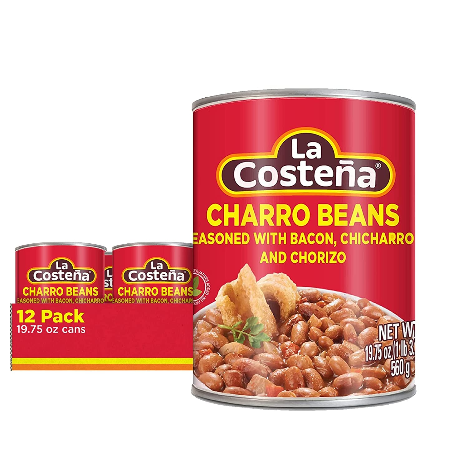 La Costeña Charro Beans - Ready-to-Eat Canned Pinto Beans with Chorizo, Bacon & Chicharrones - Mexican Food, Tex Mex, Chili Ingredients, Bean Dip, Bean Burger & Burrito - 19.75oz, 12 Pack Canned Food
