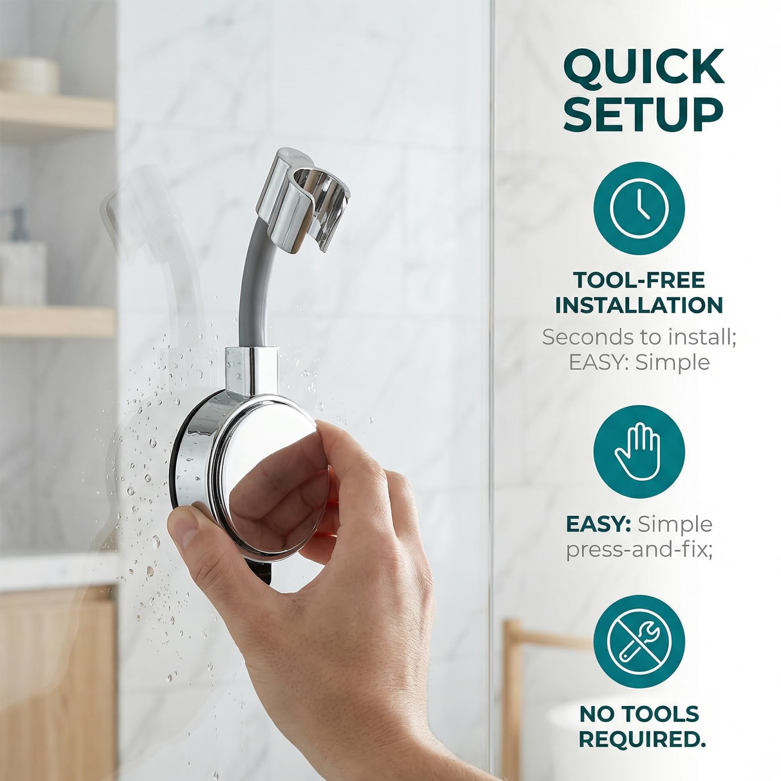 Soporte Alcachofa Ducha, Universal Soporte para Ducha Adhesivo, Ventosa Fuerte, Ajustable en Altura, para Azulejos Lisos & Vidrio, para Baño Hotel, Sin Taladrar (Plateado)
