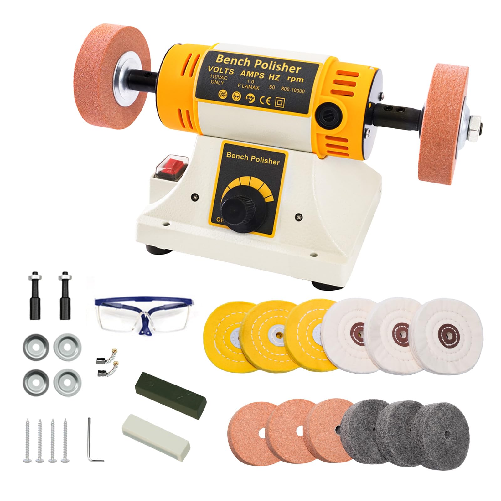 Jewelry Bench Polisher and Buffer, Variable Speed Polishing Machine Professional Buffing Machine for Metal, Wood, Jade, 15PCS Accessory Set with Polishing Wheels & Compounds