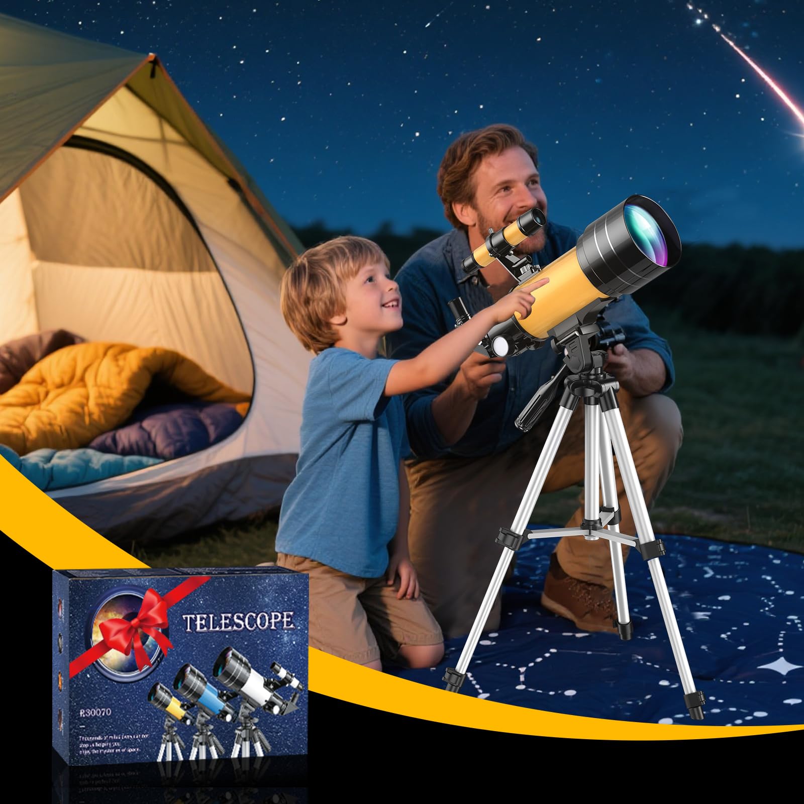 Télescope Astronomique 70/300mm, Lunette HD Astronomique Réfracteur avec Trépied Professionnel et Adaptateur de Téléphone, Télescope pour Enfants Débutants et Amateurs, Observer la Lune 15-150X