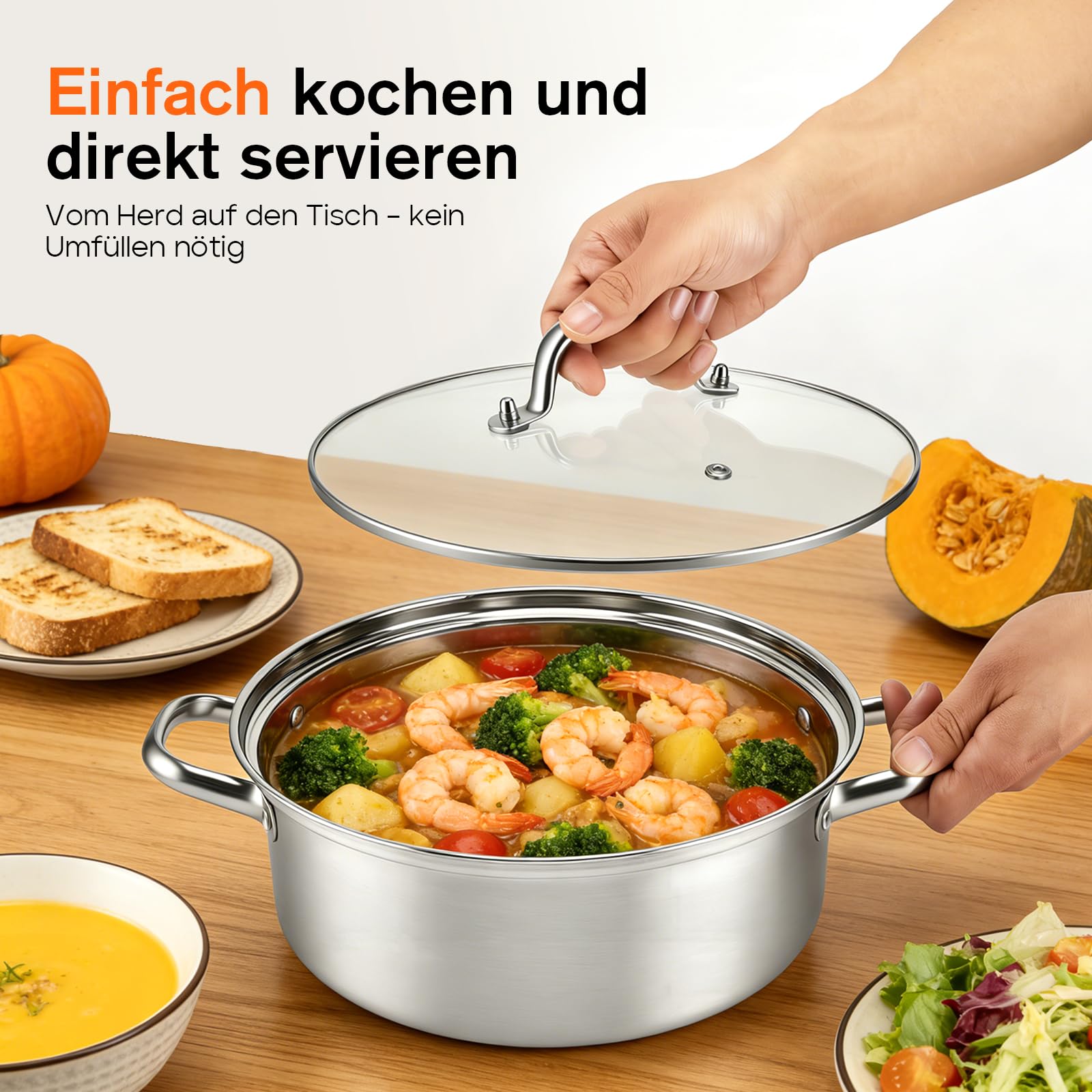 Edelstahl Schmorpfanne,Hohe Edelstahl Servierpfanne unbeschichtet & ohne PTFE/PFOA,Pfanne für alle Herdarten, Servierpfanne geschmackserhaltend, Backofenfest(26CM)