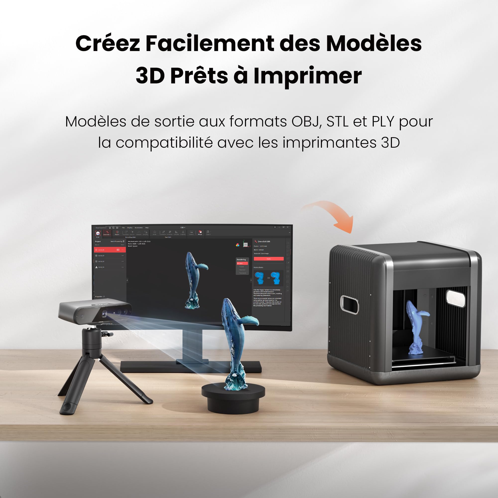 Revopoint INSPIRE Scanner 3D pour impression 3D, portable, vitesse de numérisation jusqu'à 18 fps, précision de 0,2 mm, numérisation 3D pleine couleur, pour Objets moyens