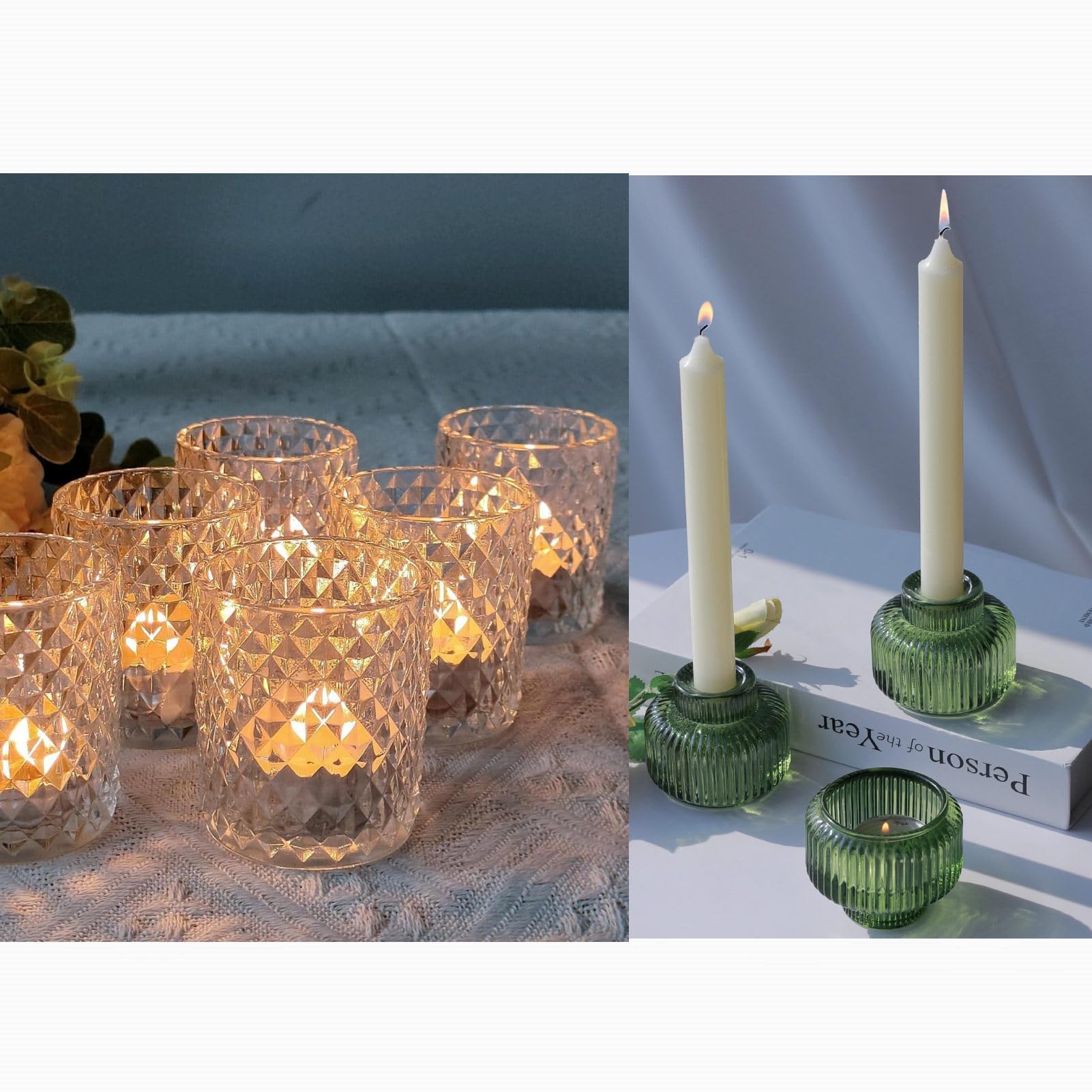 Photo 1 of 12pcs Clear Votive Candle Holders and 4pcs Green Candlesticks Holders
