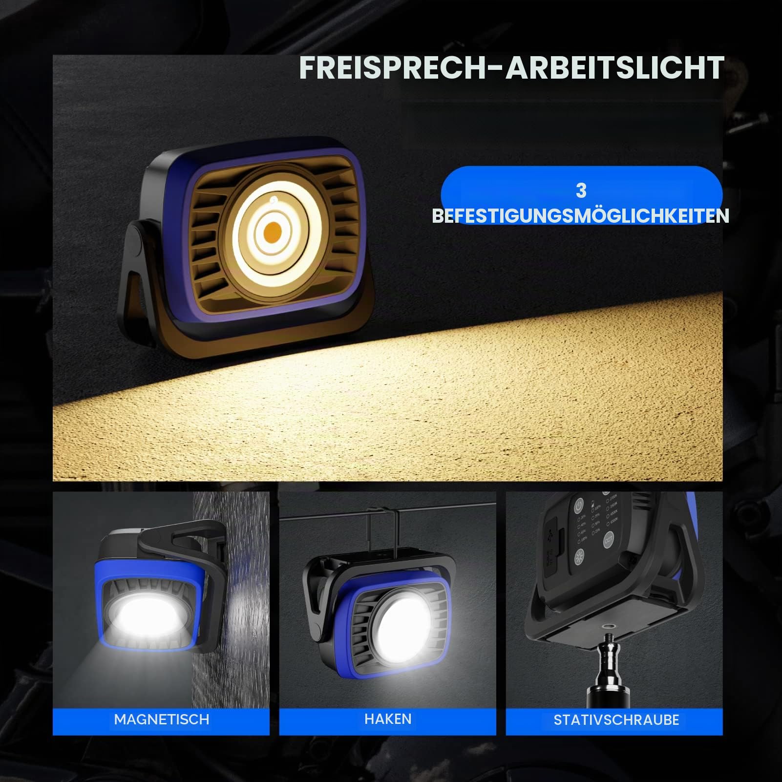 LED Baustrahler Arbeitsleuchte Akku Arbeitsstrahler Lampe mit Magnet, Maximal 2000Lm COB LED Helligkeit Dimmbar, 4 Beleuchtungsfarben, IP54, 8000mAh mit Powerbank Funktion für Werkstatt