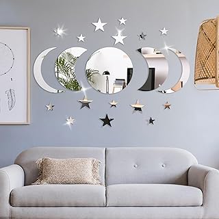 Comprar Calcomanías de pared con espejo de luna y estrellas – 20 piezas de calcomanías de pared acrílicas bohemias, decoración autoadhesiva personalizada para baño, sala de estar y dormitorio