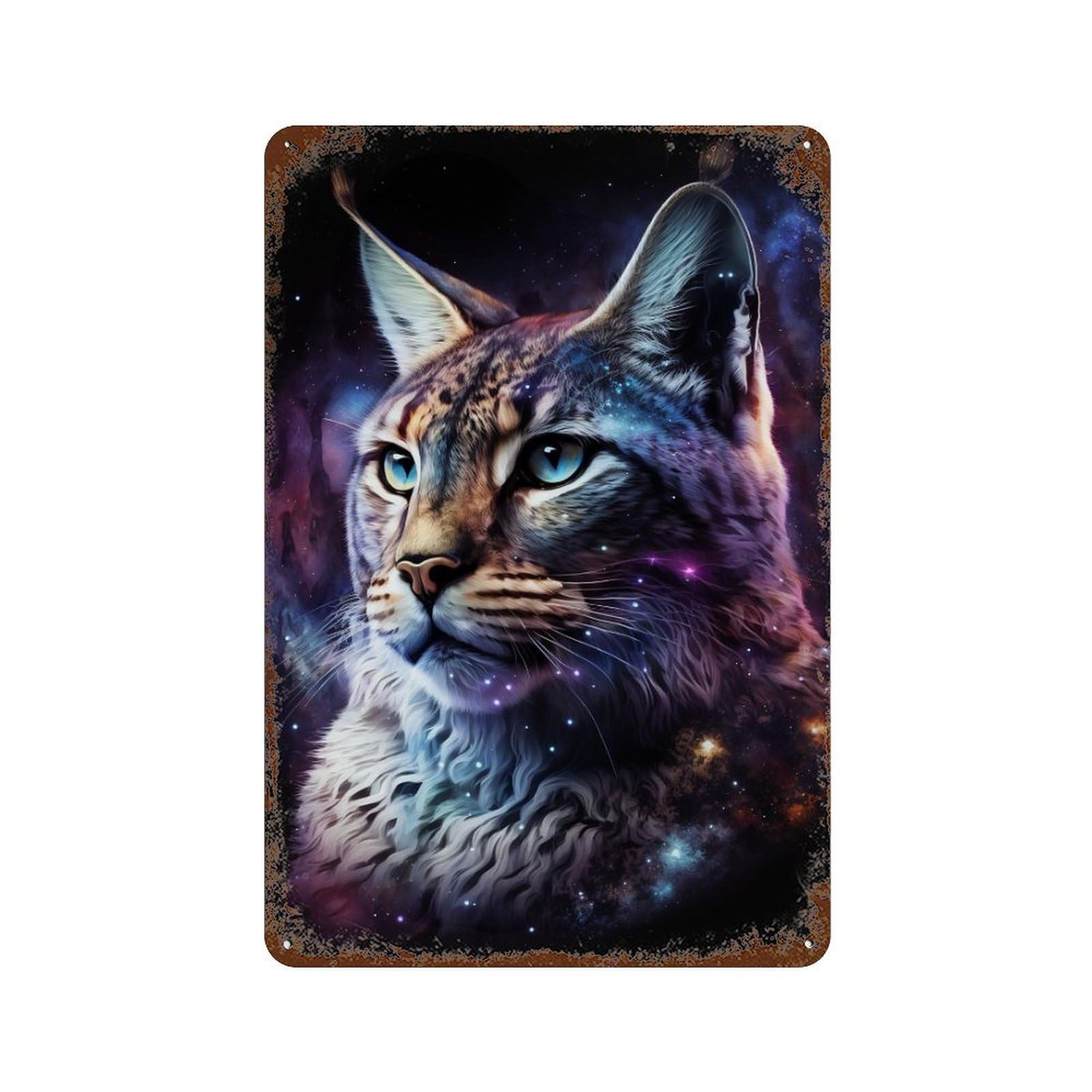 Retro Metal Sign with Cosmic Lynx Portrait-3 Design 11.8"x7.9", for Shed, Workshop And Garage Wall Decor, Old School Wall Decor