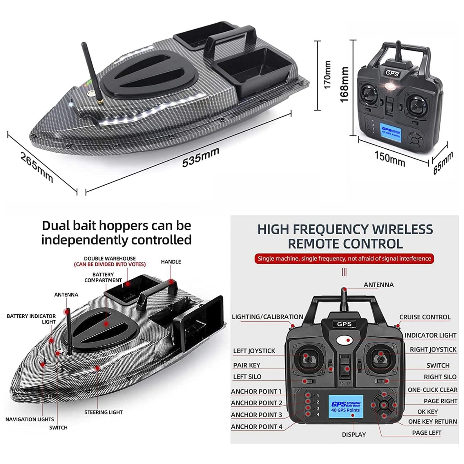 Barco Cebador Carpfishing GPS Inteligente, Barco de Cebo de Control Remoto 500M de Crucero de Velocidad Fija, Luz Nocturna LED, Doble Motor Buscador de Peces Crucero Automático