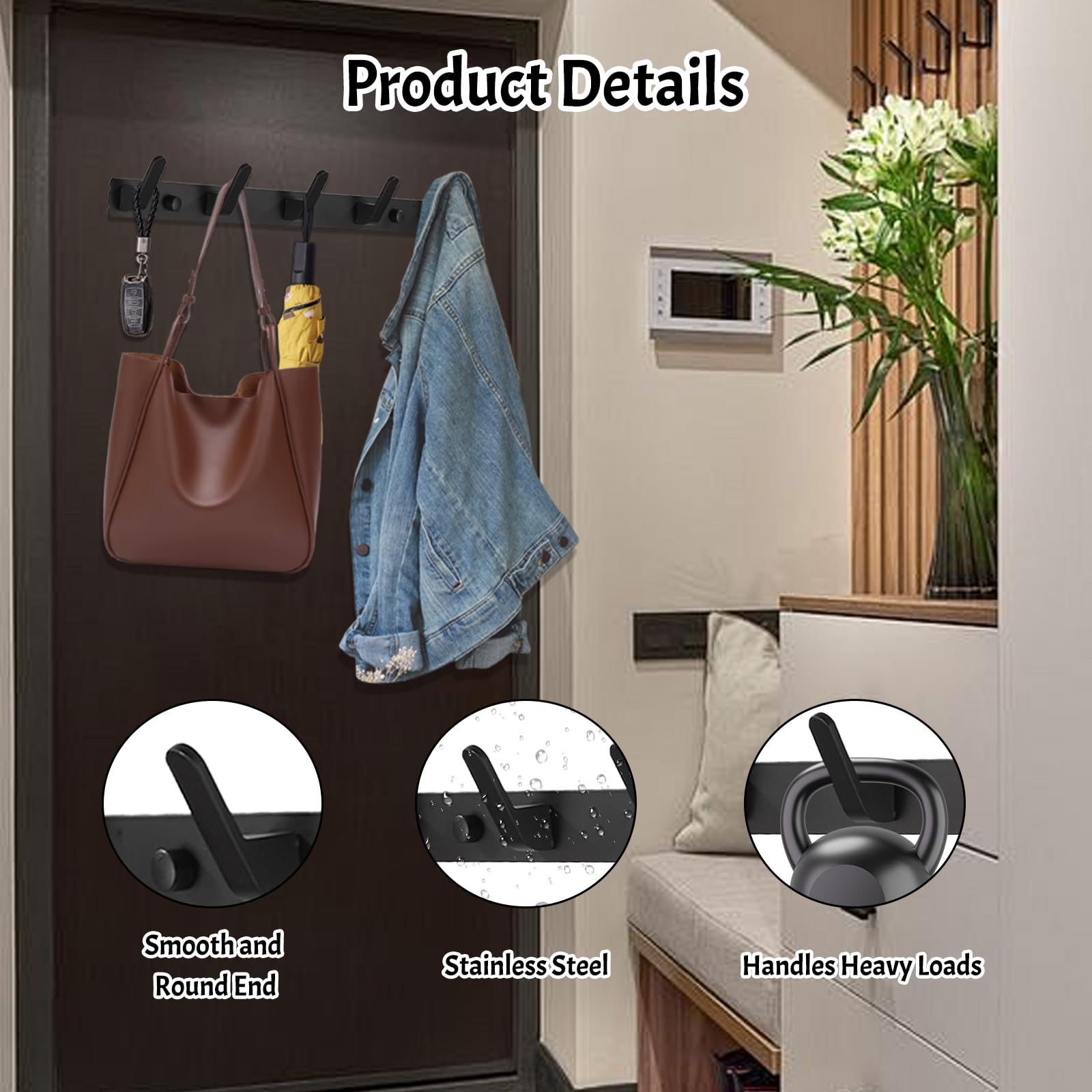 Deaguid Coat Hooks Wall Mounted, Matte Black Wall Mounted Coat Hooks, Row of Hook Holders for Towel Robe Coat Hat (Size-2, 5, Count) - Image 4