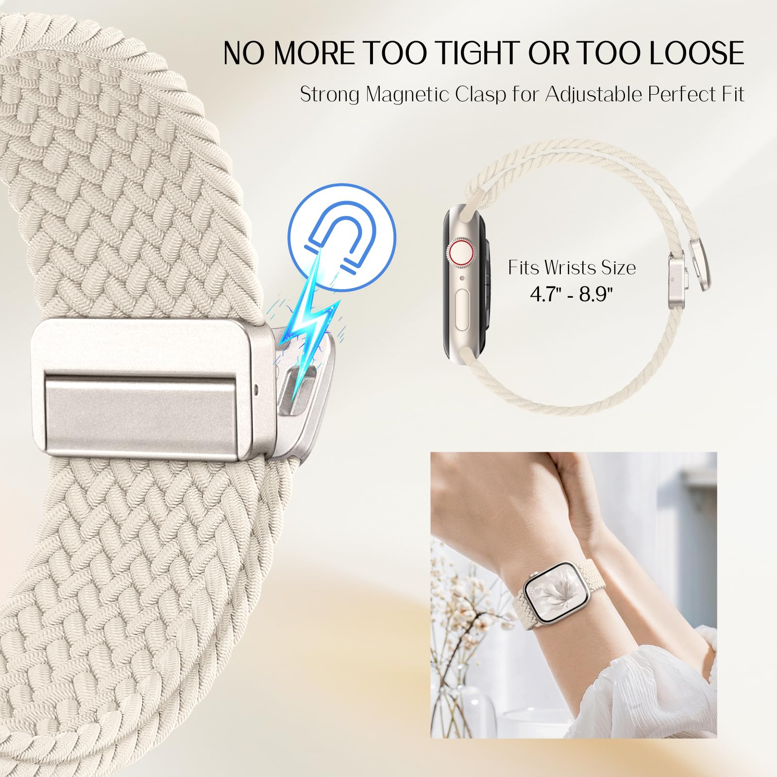 Magnetic Braided Band Compatible for Apple Watch Bands Women Men 40mm 44mm 42mm 46mm 41mm 45mm 38mm 49mm, Adjustable Stretchy Nylon Solo Loop for iWatch Series 11 10 9 8 7 6 5 4 SE Ultra 3 2 1 - 2