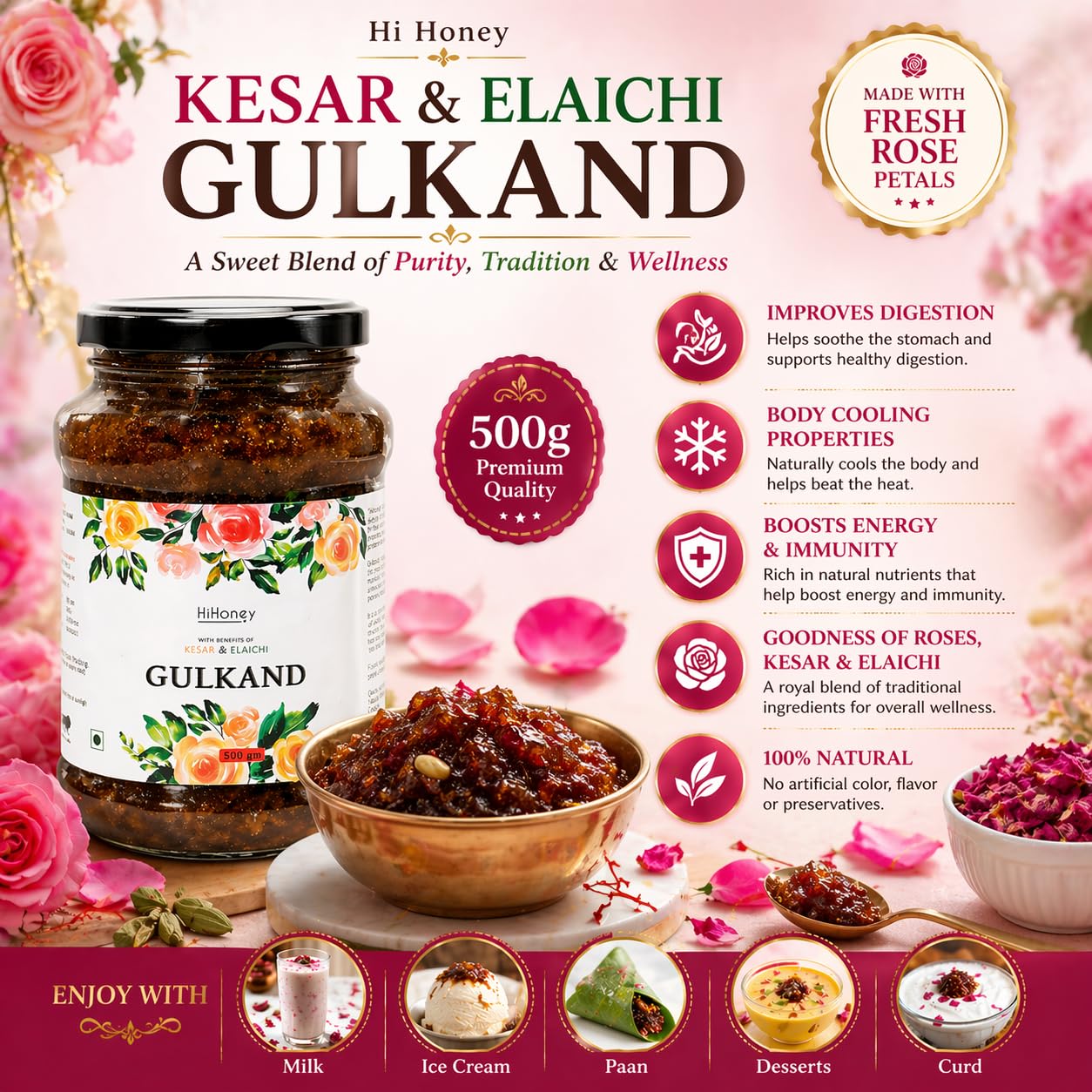 Hi Honey Natural Organic Gulkand 500g | Sun-Cooked Damask Rose Petals & Rock Sugar | Kesar Elaichi Infused | Ayurvedic Digestive & Natural Body Coolant | No Artificial Flavors 2
