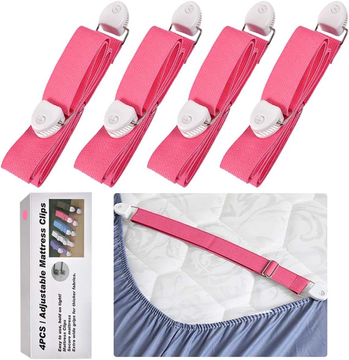 eZAKKA Bed Sheet Holder Straps- Adjustable Fitted Sheet Clips Bed Sheet Suspenders Fastener Elastic Gripper Holder Used for Bed Sheets,Mattress Covers, Sofa Cushion, Set of 4 (Pink)