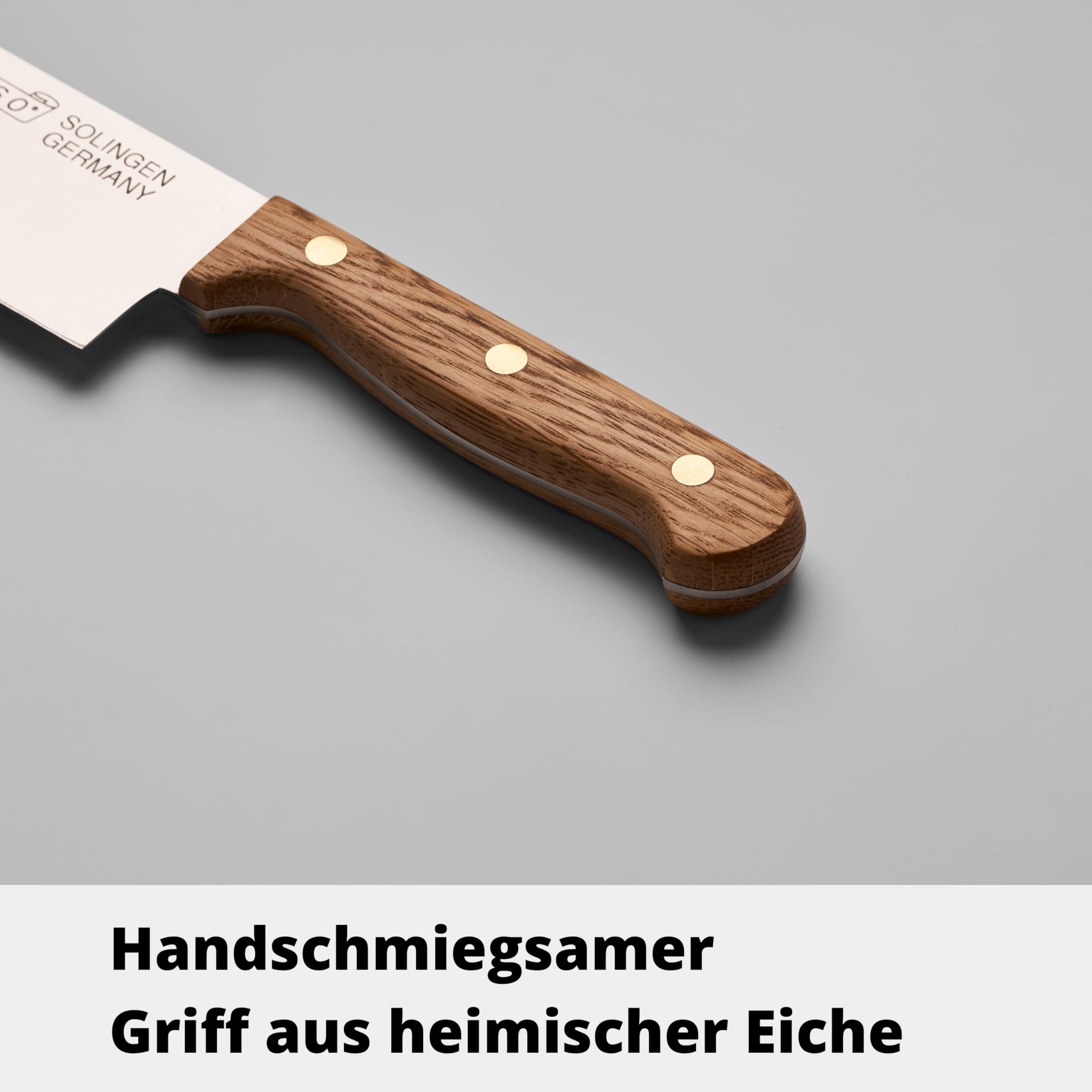 HEISO Santokumesser 13cm – Gustav – handgefertigt in Solingen aus rostfreiem Edelstahl, Griff aus heimischer Eiche, deutsche Manufakturqualität