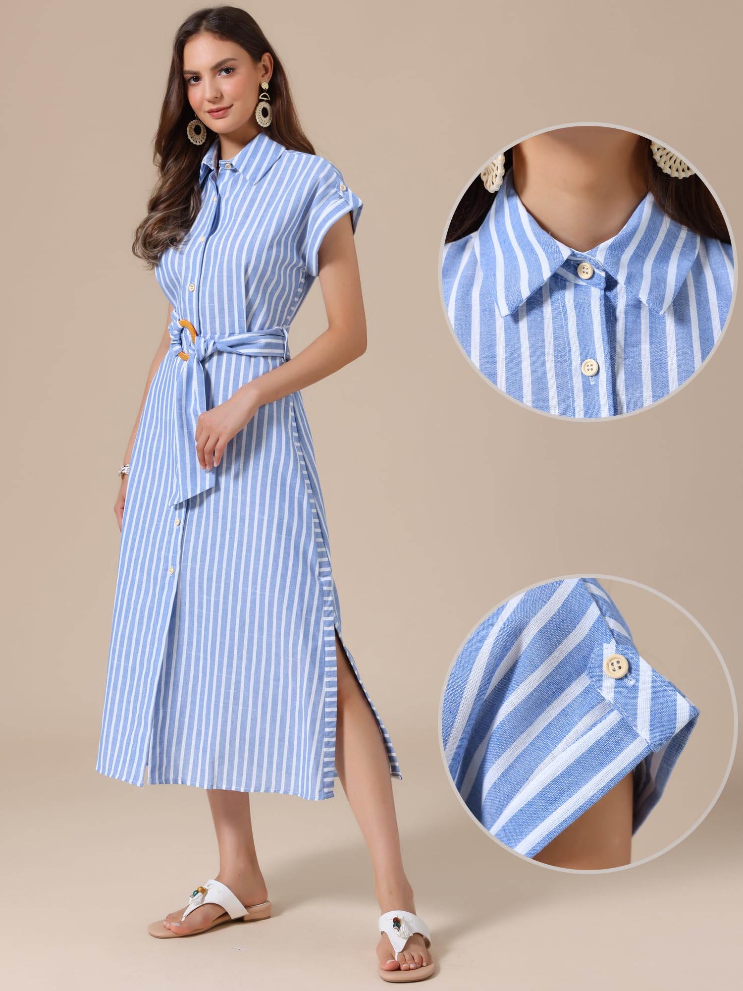 Allegra K Abito a Righe da Donna Casual con Bottoni Spacco Laterale Cintura Linea ad A Estivo Midi