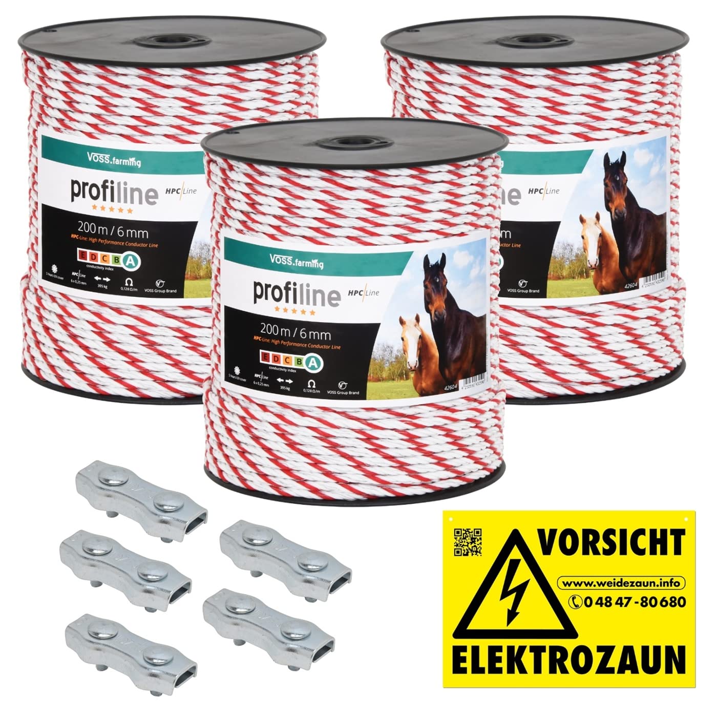 VOSS.farming Set recinzioni elettriche : 3 Corde 200 m Ø 6 mm, Fili conduttori 6x0,25 HPC®, 5 connettori e 1 Cartello di Pericolo, Colore Bianco-Rosso