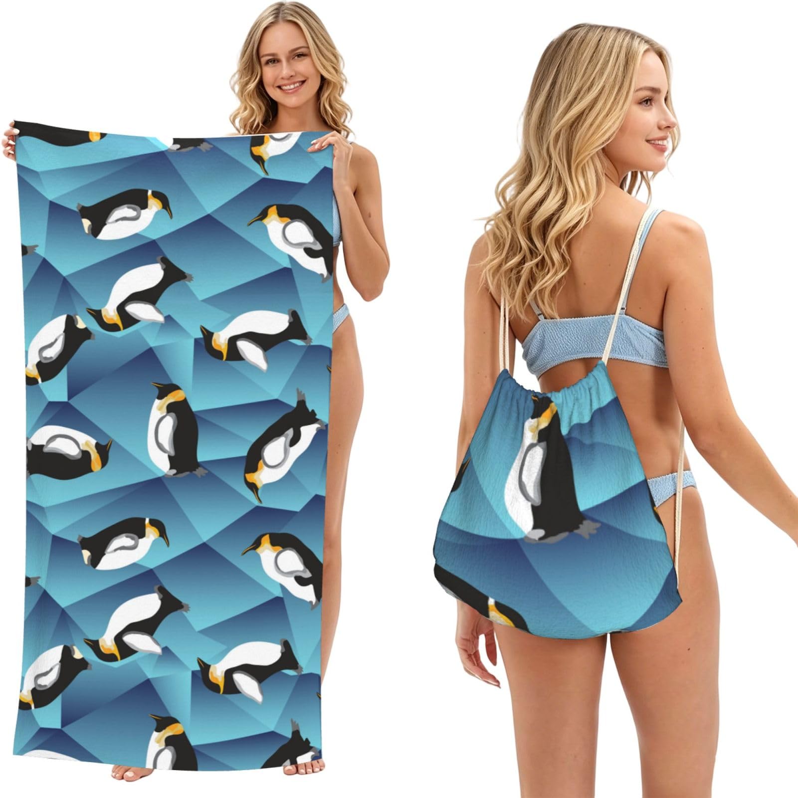 Poadnly As Picture Abstract Polygon Penguin, 2 In 1 Packable Towel Bag, Beach Towels With Drawstring Backpack For Travel Holiday Camping
