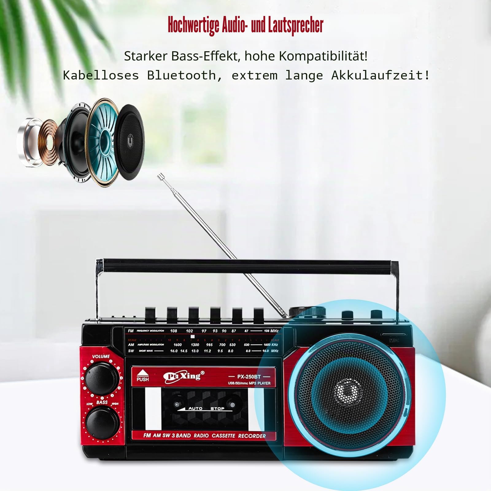 Kassettenspieler, tragbarer Kassettenspieler, kompatibel mit FM/AM/SW Frequenzbandrekorder, kompatibel mit Kassette/Bluetooth/Karteneinführung/Aufnahme