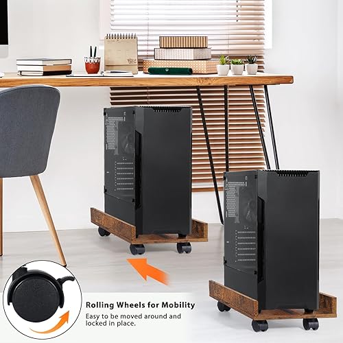 Miniatura 3 de melos Soporte de torre para computadora, juego de 2 carritos de computadora con lados, soporte de CPU de madera con 4 ruedas giratorias para debajo