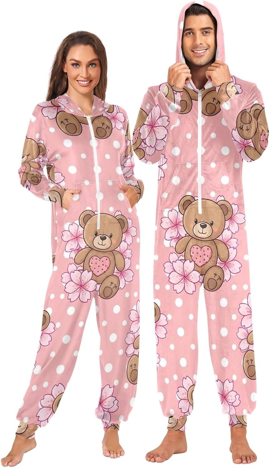Cute Brown Teddy Bears Onesie Pajamas for Women, Adult Lounge Wear