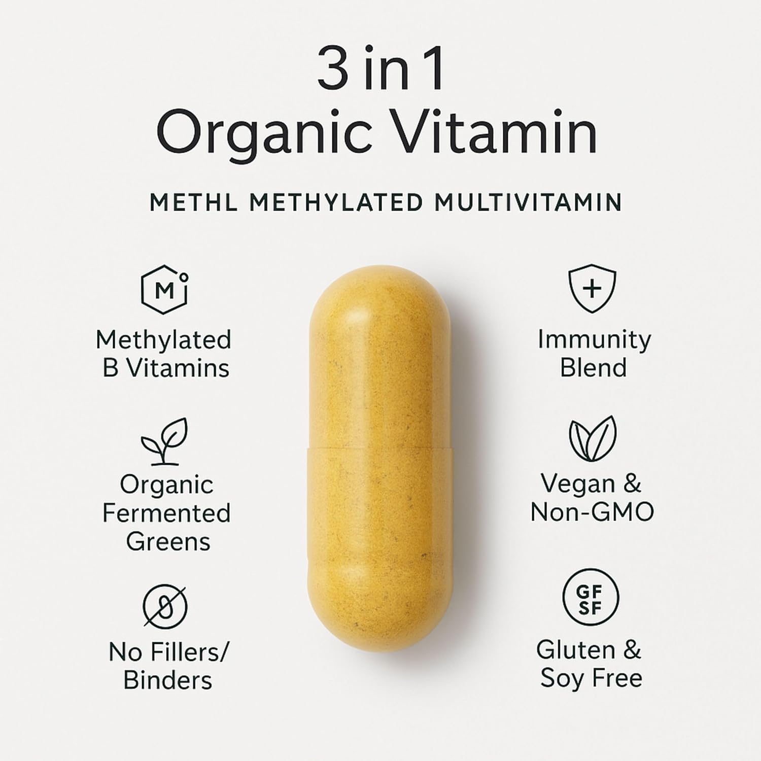 Methylated Multivitamin Fermented Organic Greens & Turmeric, Activated B Vitamins (5‑MTHF & Methyl B12), Vegan, Gluten Free, Energy & Immune Support, 60 Capsules