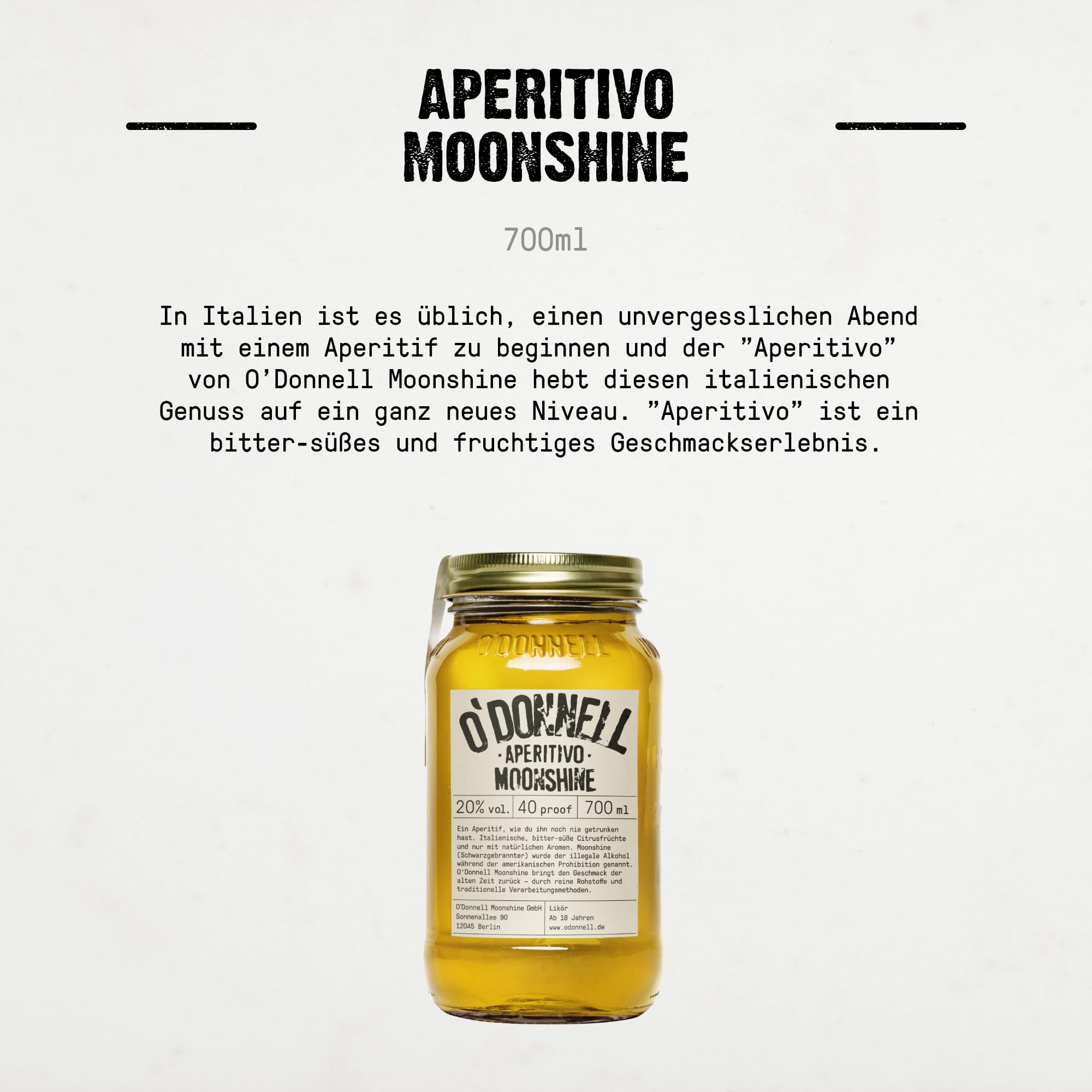 O’Donnell Moonshine Aperitif Likör mit Kräutern (Set 700ml + Ausgießer) Aperitivo Zitrusfrüchte & Kräuter Likör, Balance aus bitter, süß & fruchtig, Made in Berlin – Ohne künstliche Aromen/Farbstoffe