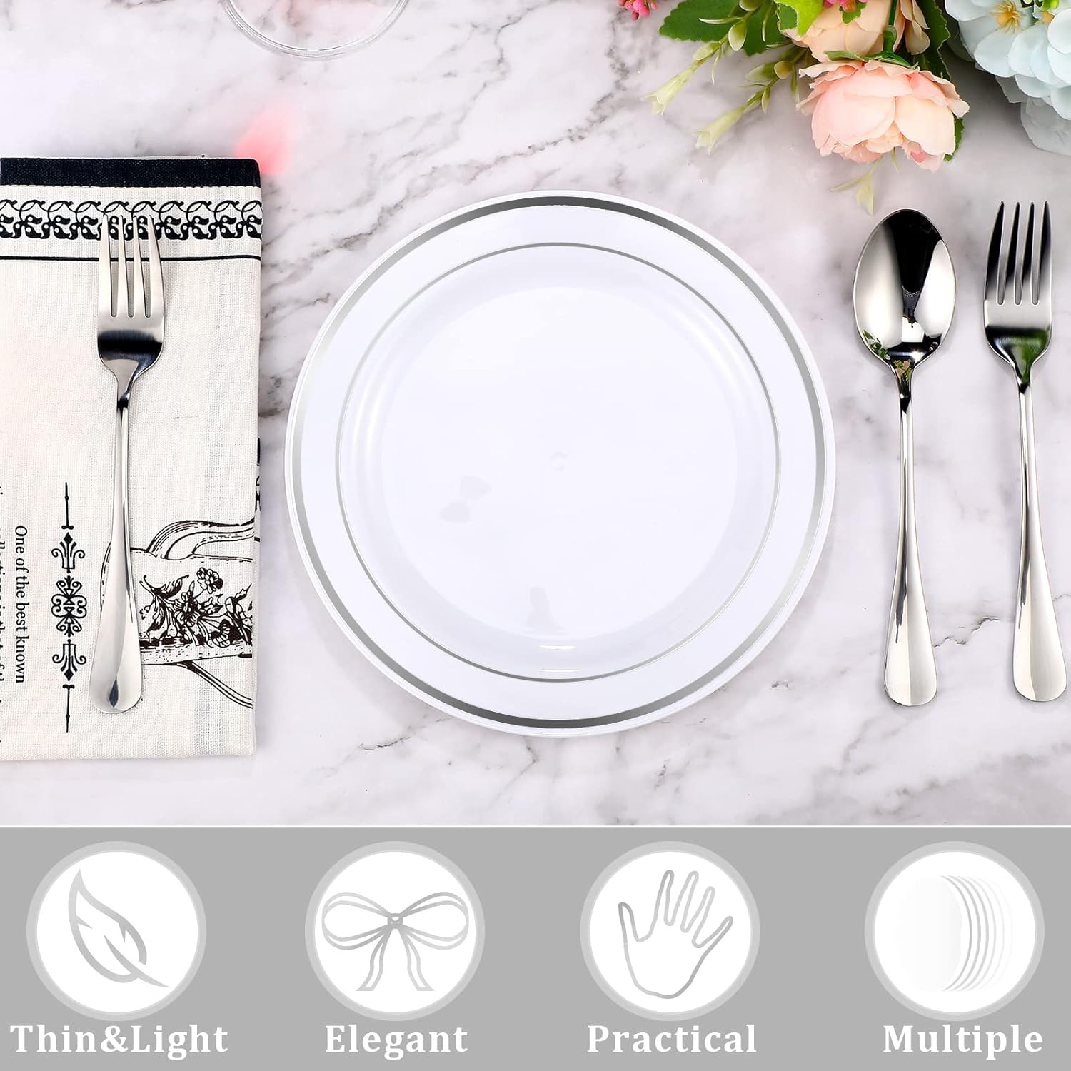 Sieral 200 Pieces Disposable Plates Plastic Party Plates with Rim Hard Plastic Appetizer Salad Dessert 7.5 Inch Elegant Heavy Duty Tableware for Dinner Wedding Party Supplies(Silver Rim) - Image 3