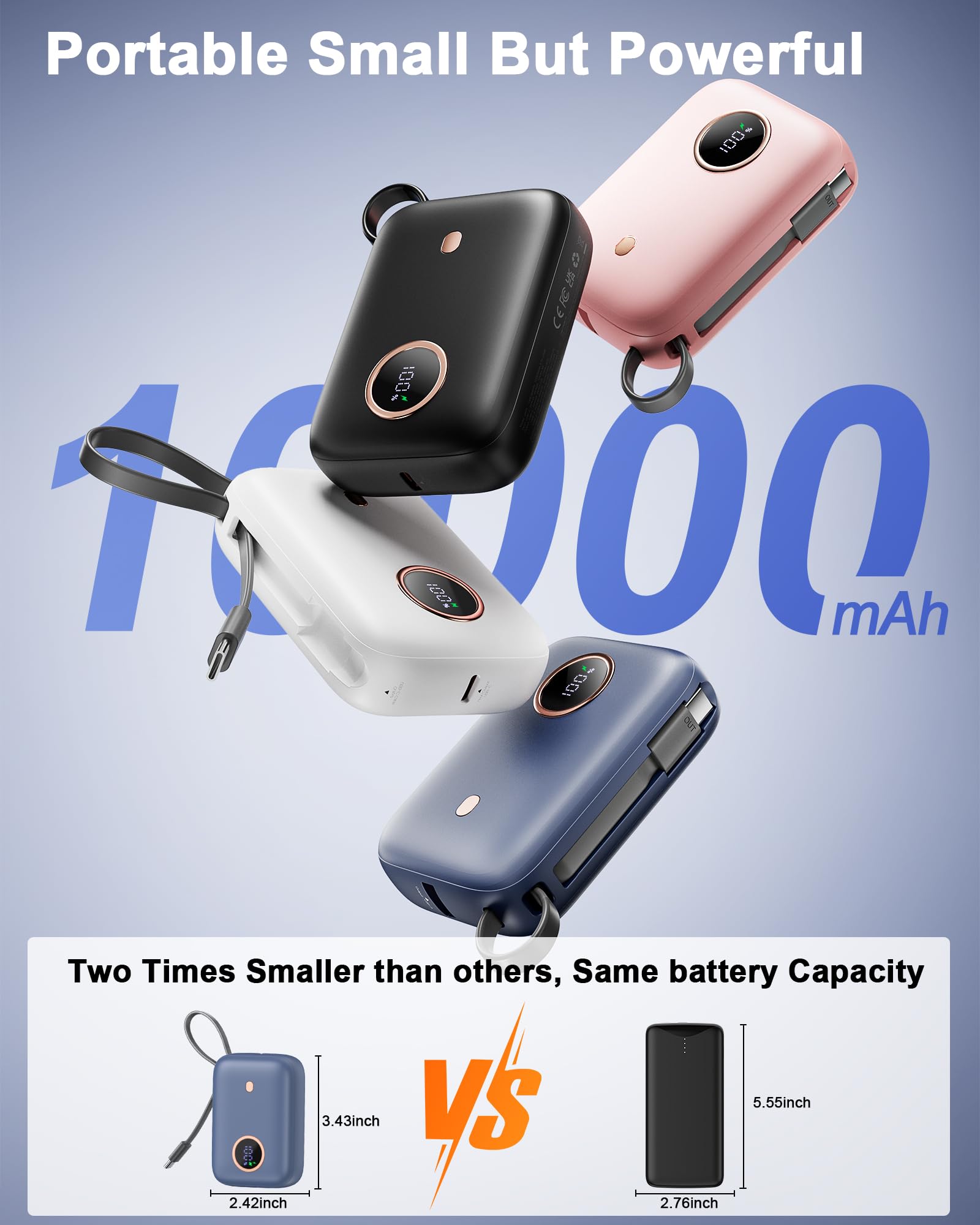 Power Bank 10000mAh 22.5W, Mini Caricatore Portatile con Ricarica Rapida, Batteria Portatile con Display LED e Cavo USB-C Integrato, Powerbank USB-C Compatibile con iPhone 15/16 Android, Blu Notte
