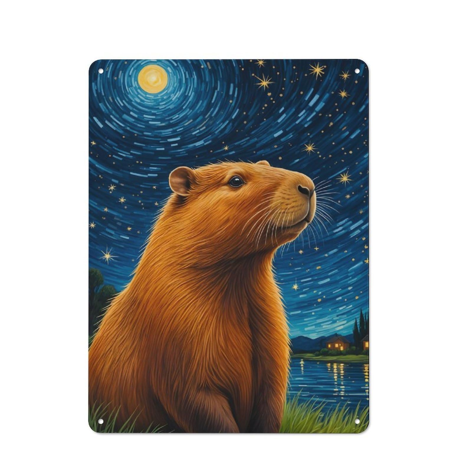 Capybara Starry Night Office Metal Sign 40x30cm, Understated Office Wall Decor for Workspace, Cafe, Shop Or Desk Area