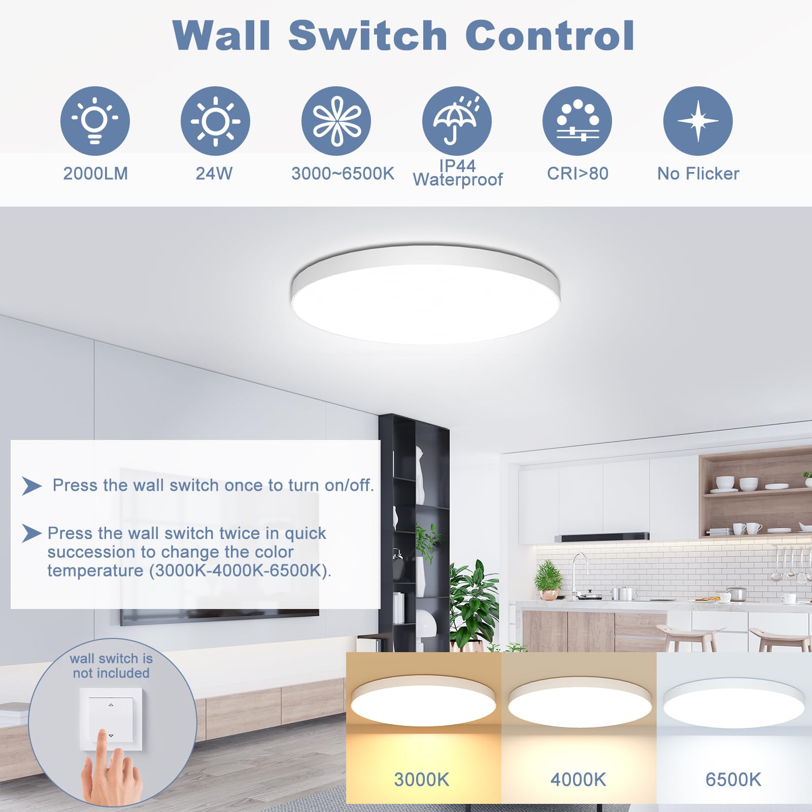 OUILA Plafoniera LED Soffitto Dimmerabile, 24W Lampada da Soffitto con Telecomando 3000K-6500K Plafoniera Bagno IP44 Impermeabile Ø28CM 2000LM Lampadario LED Moderna per Cameretta, Cucina, Soggiorno