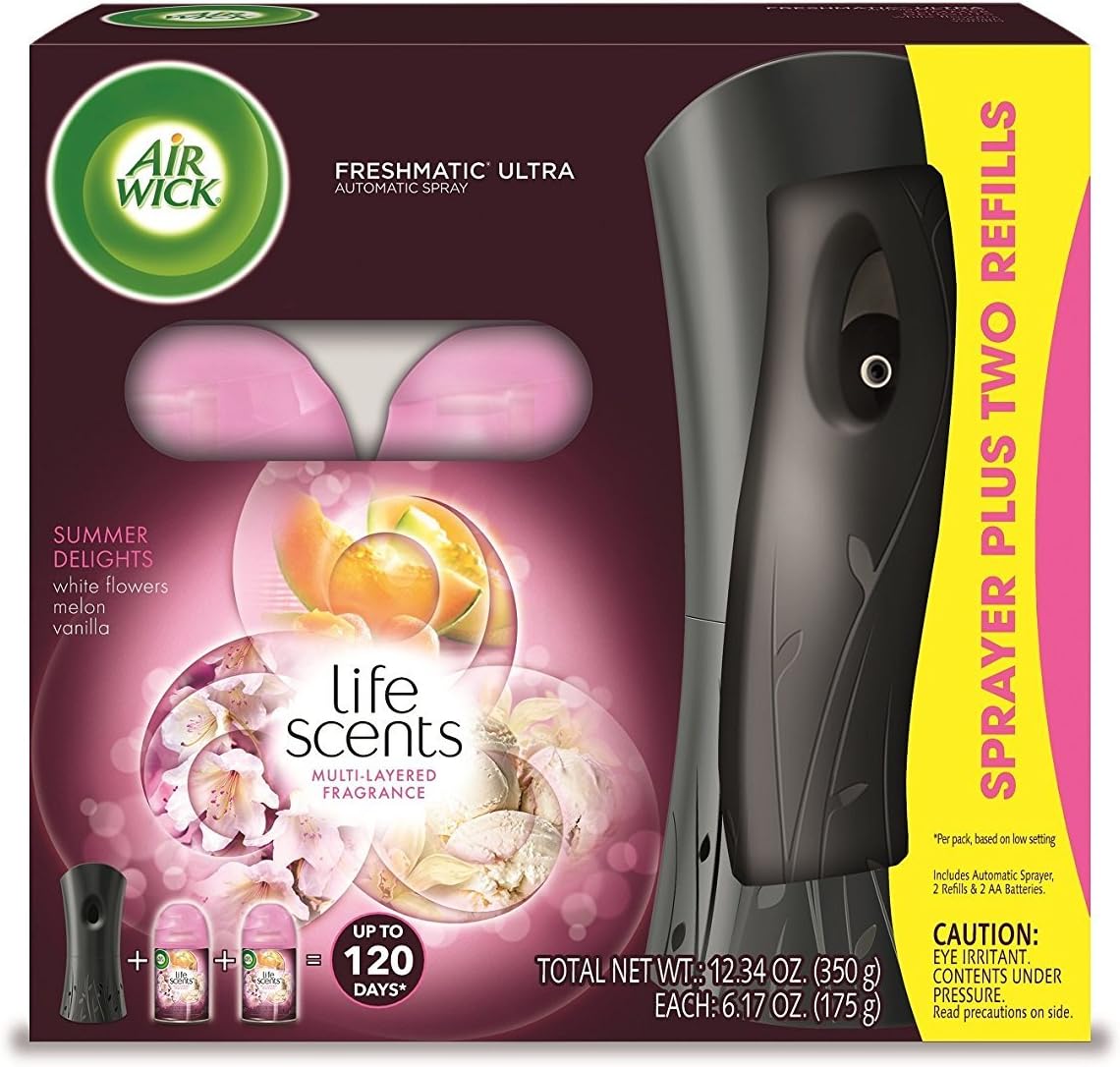 Air Wick Automatic Spray Starter Kit (Gadget + 2 Refills), Summer Delights, Essential Oils, Air Freshener, Odor Neutralization
