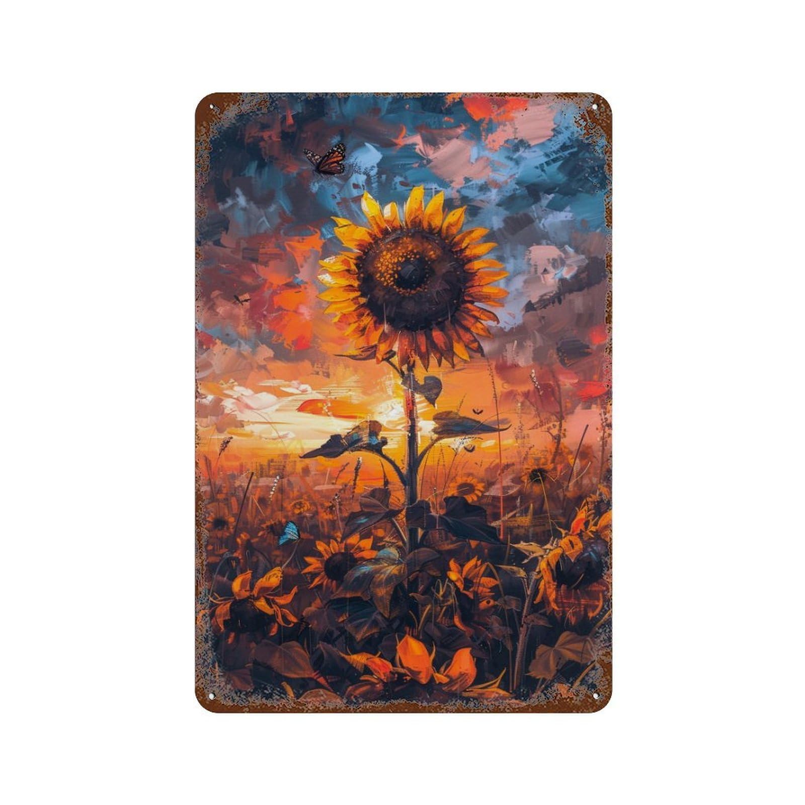 Rust Effect Sunflower Field Sunset-12 Aged Metal Wall Plaque 11.8"x7.9", Shabby Chic Decor for Living Room, Hallway And Home Decor