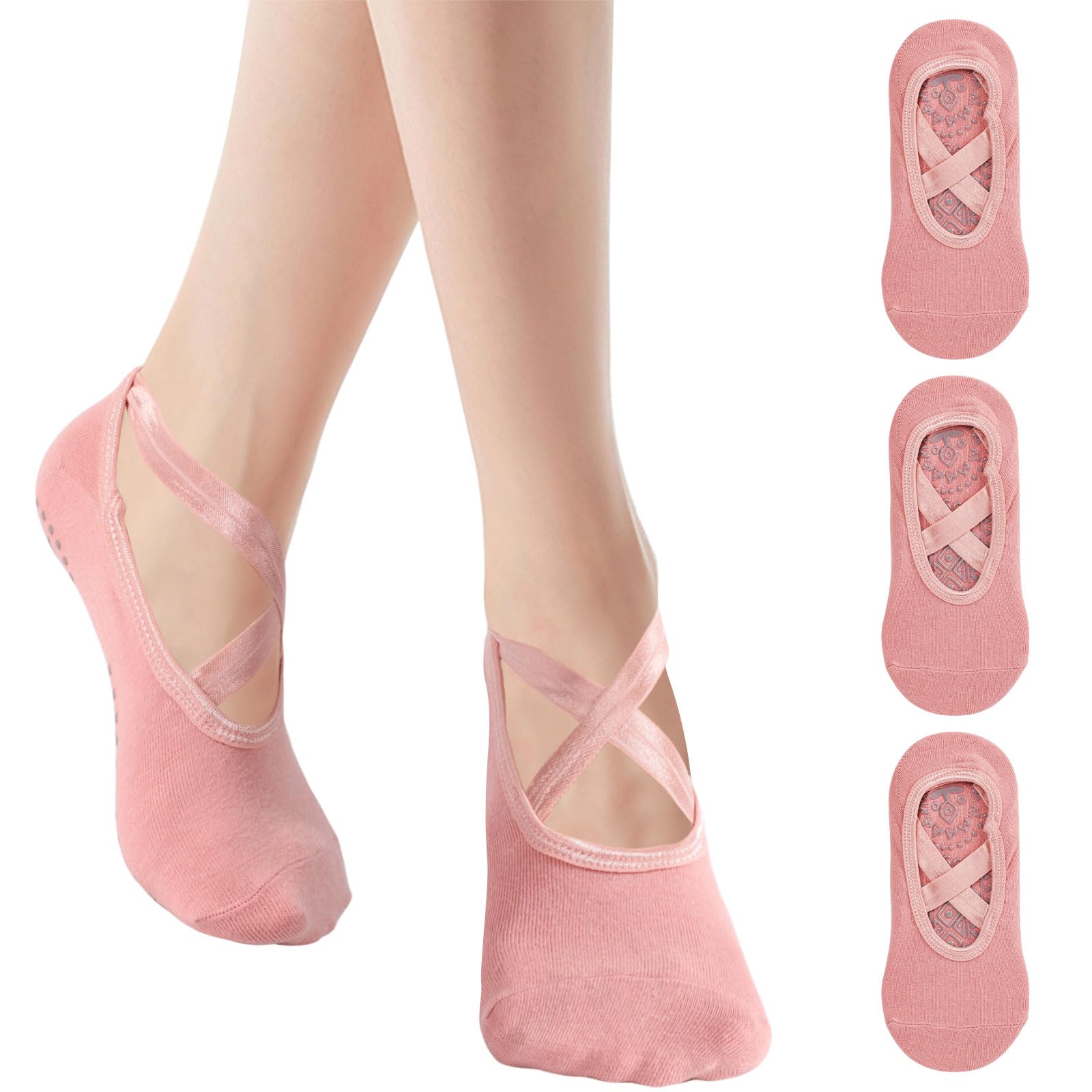 Risipu Grip Pilates Socks for Women,Non-slip Yoga Athletic Socks for Barre Ballet Barefoot Workout Hospital (UK, Alpha, One Size, Regular, Regular, 3 Pairs - Pink)